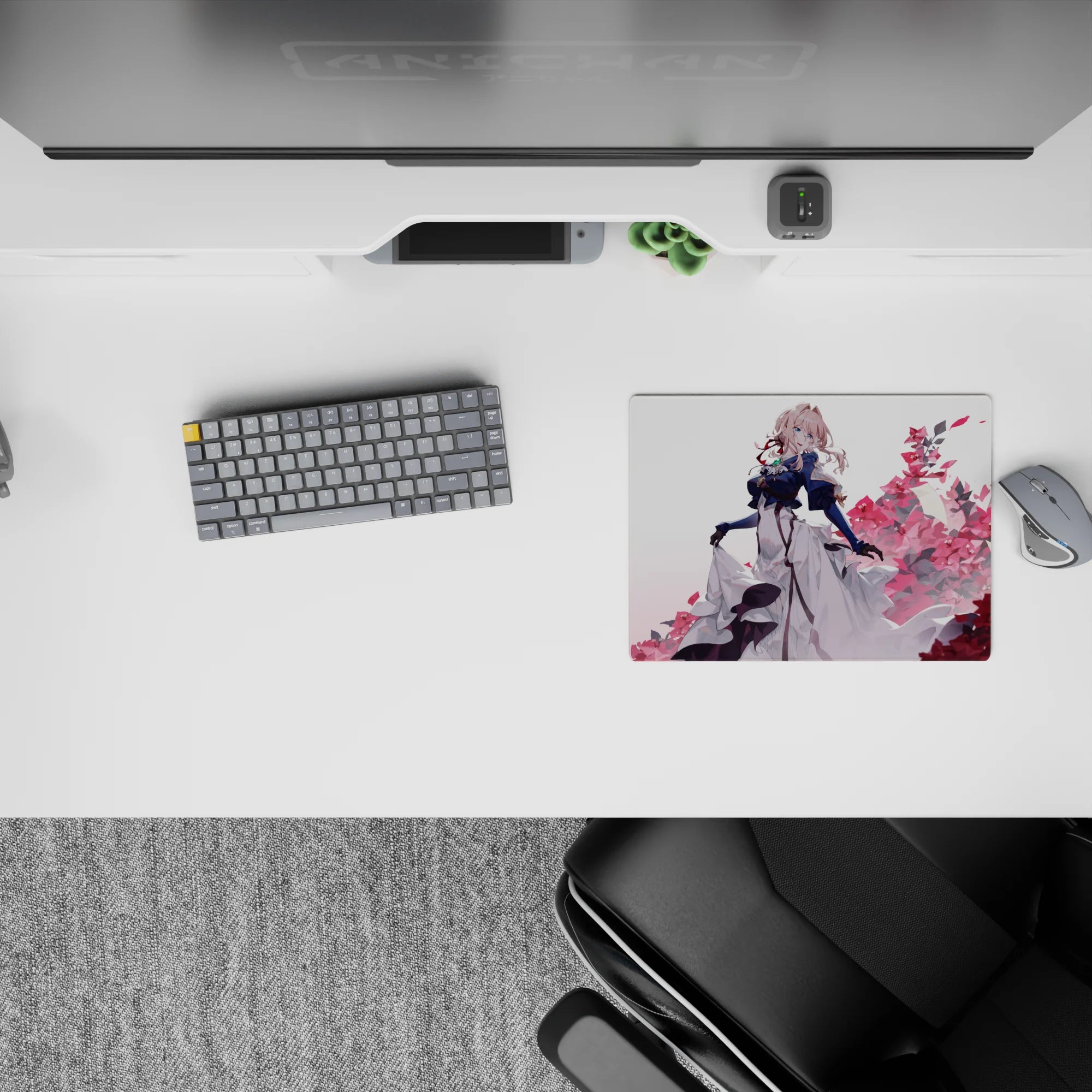 14x10 inches anime mouse pad in navy, white, pink, and crimson with airy dramatic petals and confetti.