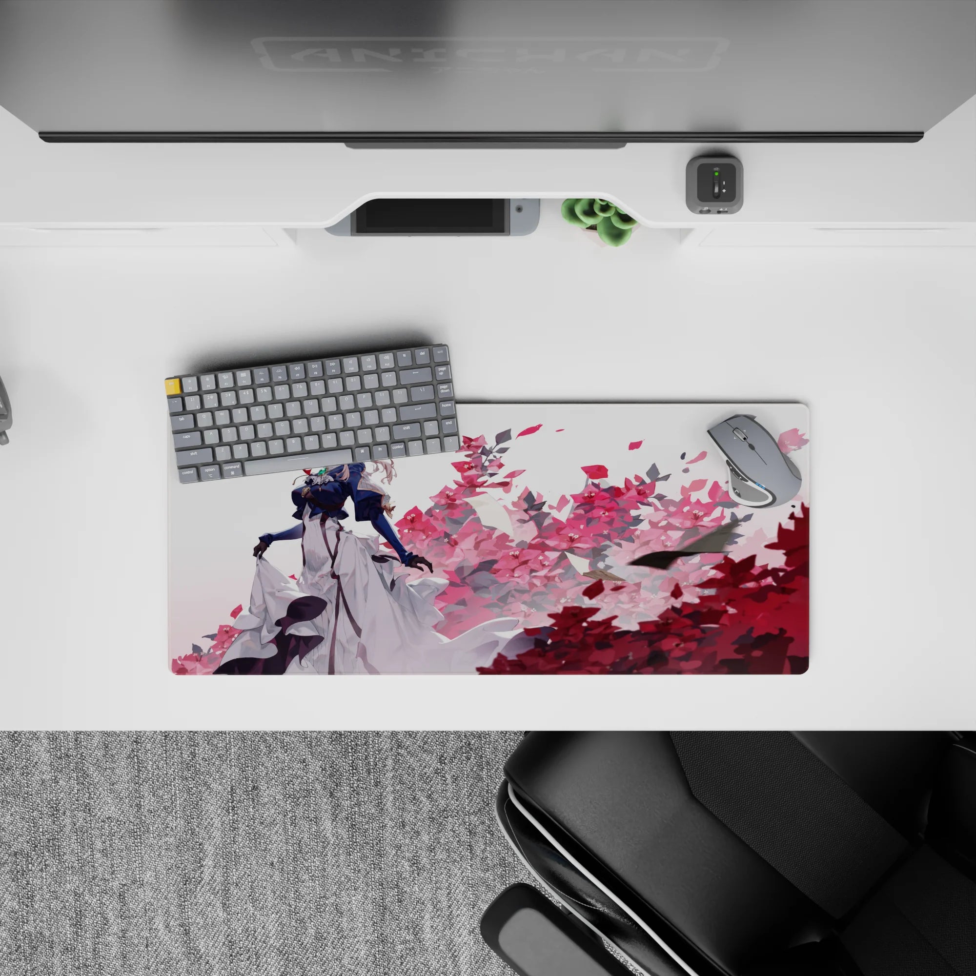 28x12 inches anime mouse pad in navy, white, and pink tones with airy dramatic blossom storm vibe.