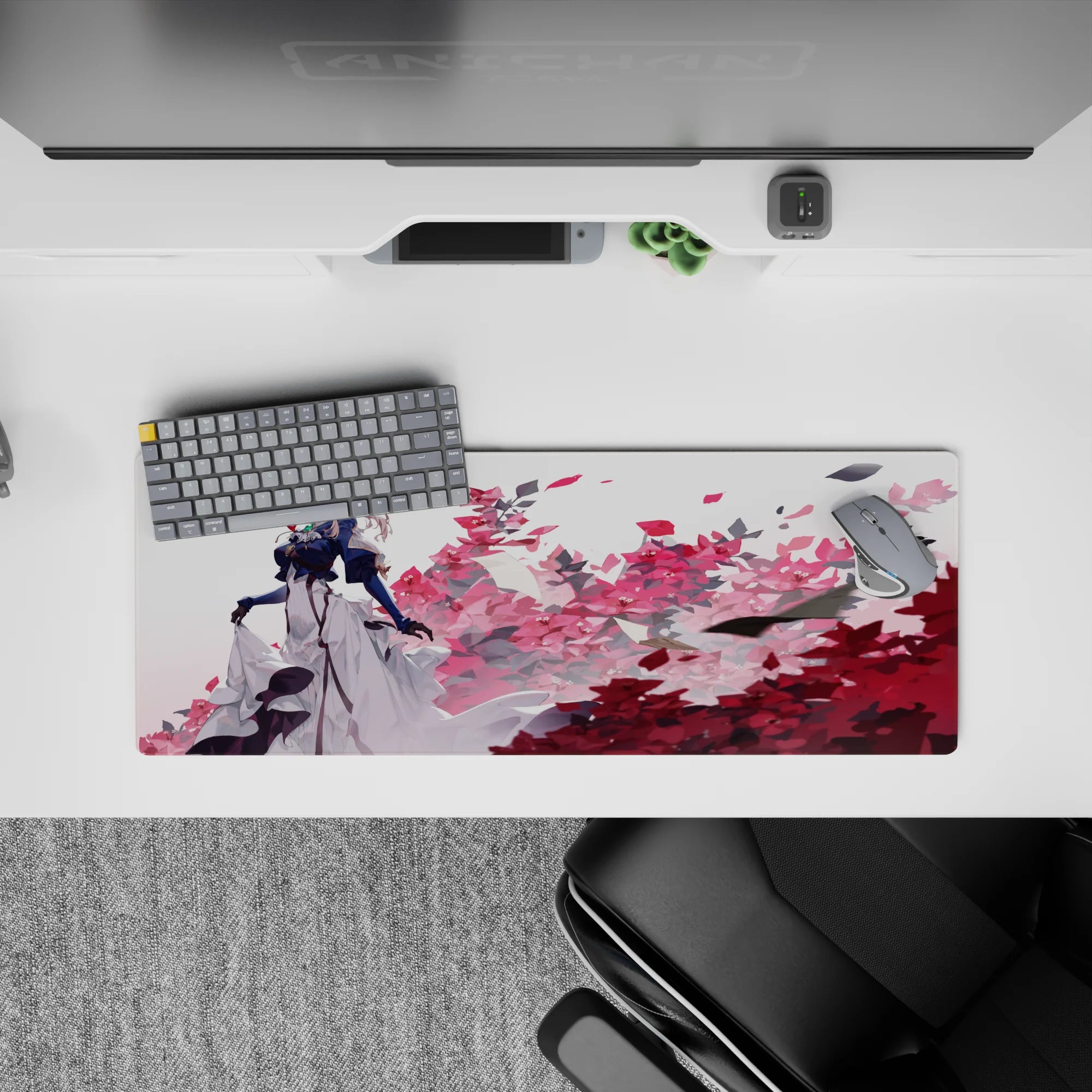 32x12 inches anime girl mouse pad in navy, white, pink and crimson, airy yet dramatic floral mood.