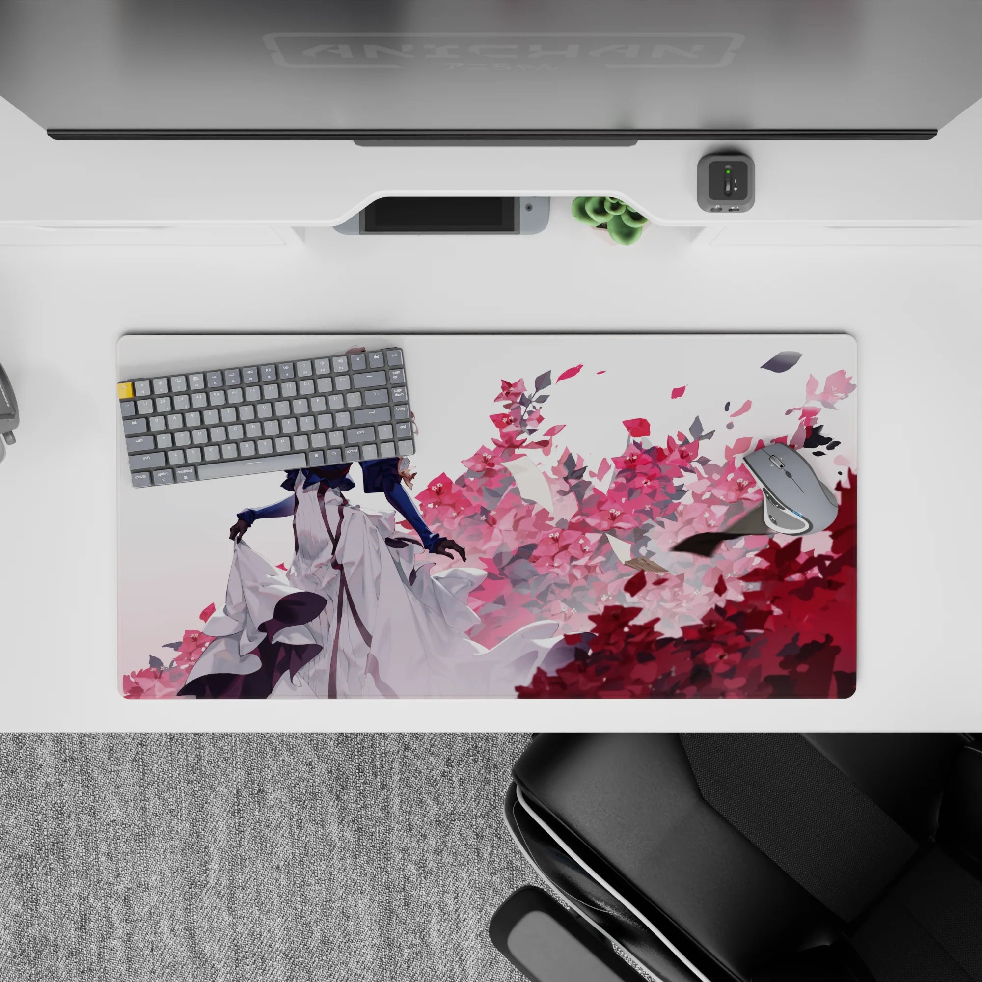32x16 inches anime mouse pad in navy, white, pink, and crimson with airy dramatic blossom storm.