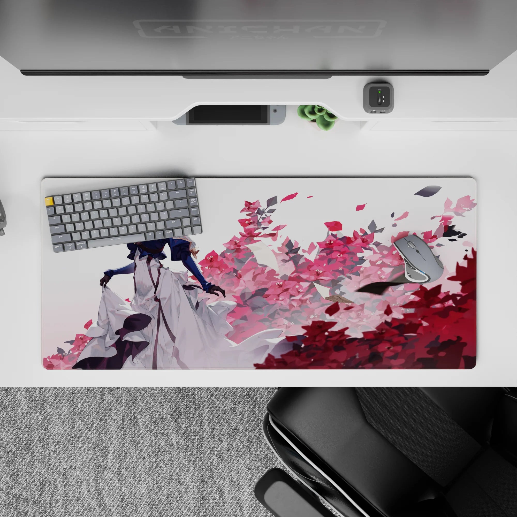Moody navy, white, and crimson floral anime desk pad 36x16 inches with airy drifting paper petals.