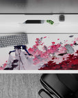 Moody navy, white, and crimson floral anime desk pad 36x16 inches with airy drifting paper petals.