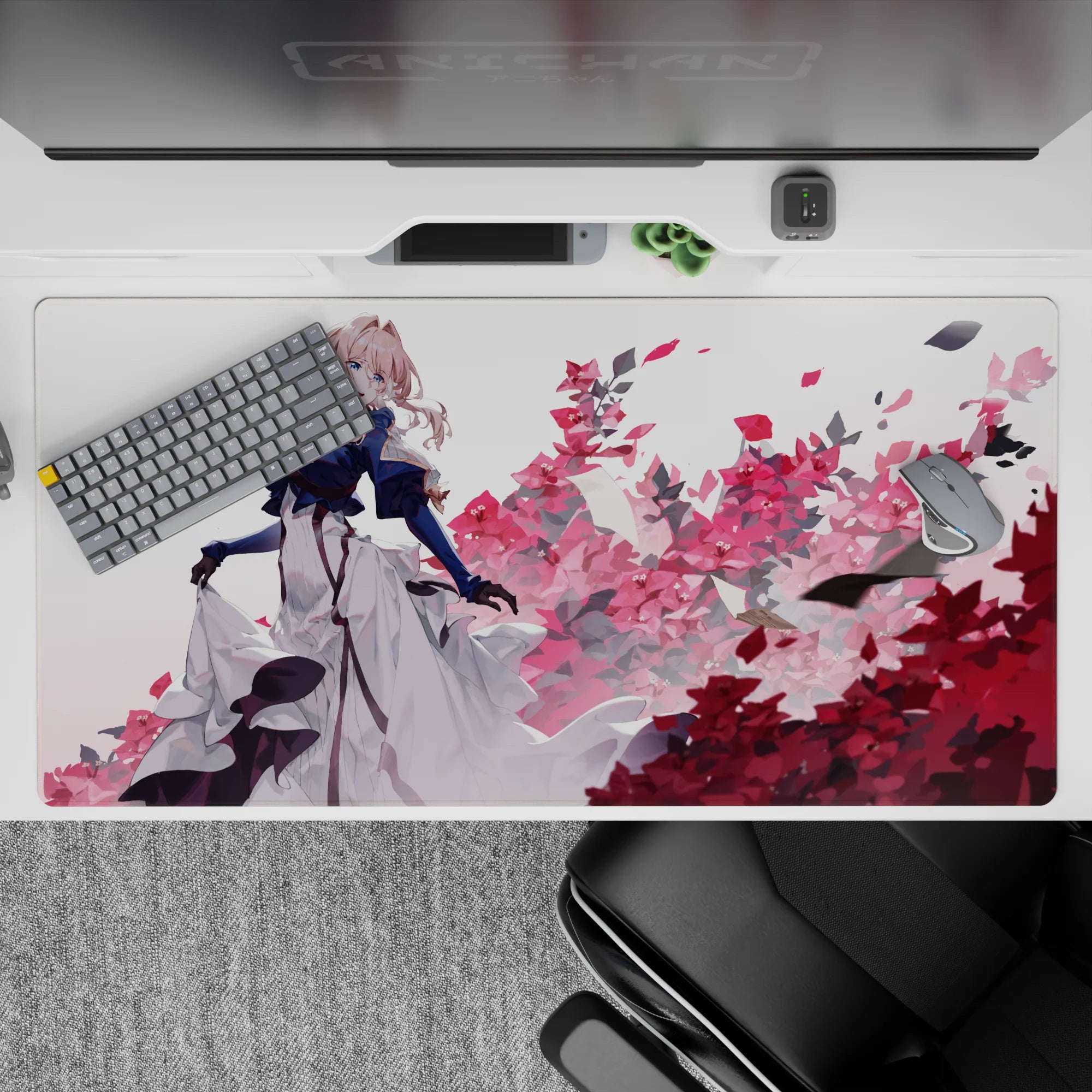 40x20 inches anime desk pad in airy navy, white, and crimson tones with petals and drifting paper.