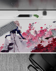 40x20 inches anime desk pad in airy navy, white, and crimson tones with petals and drifting paper.