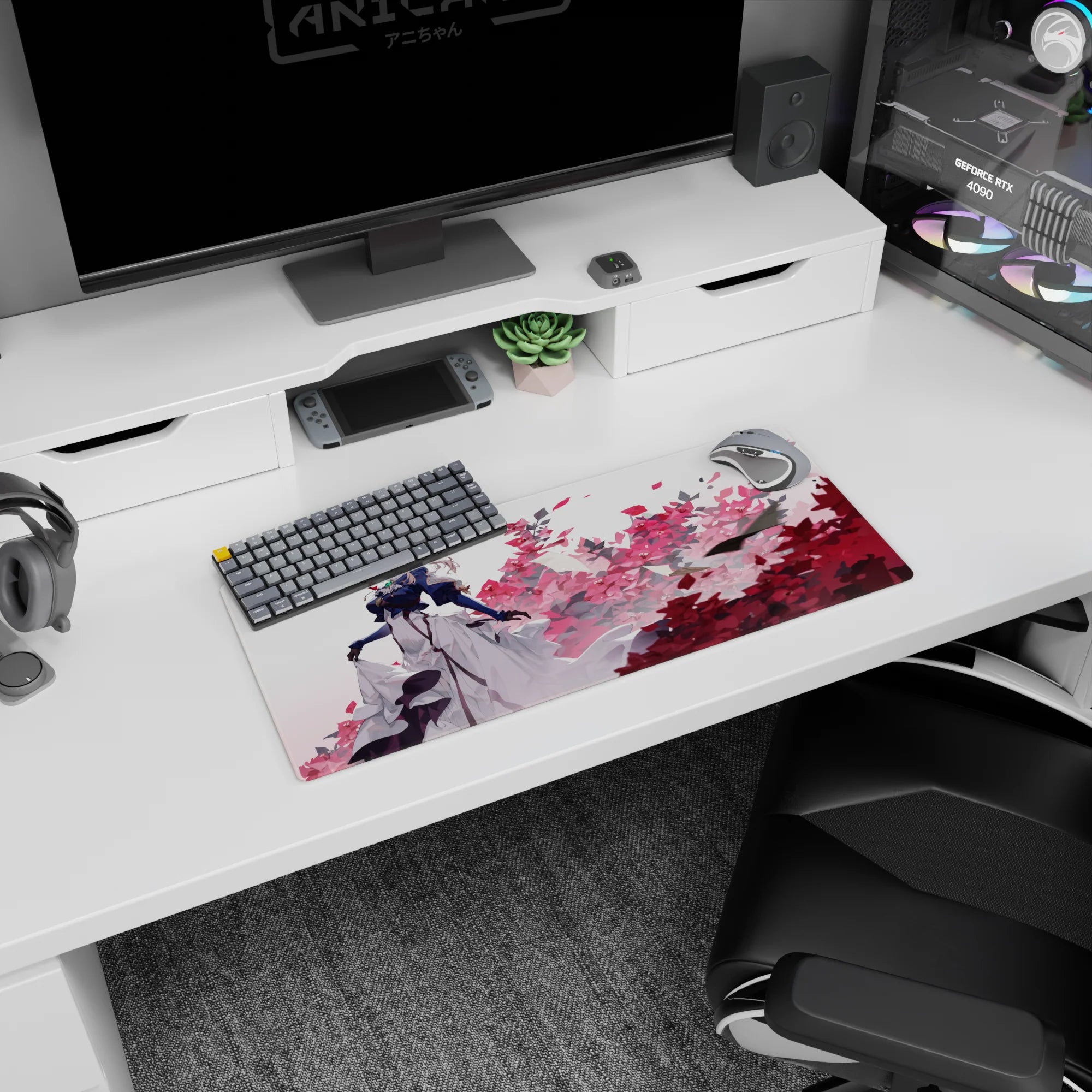 28x12 inches anime girl mouse pad featuring blonde beauty in gloves, petals exploding behind her.