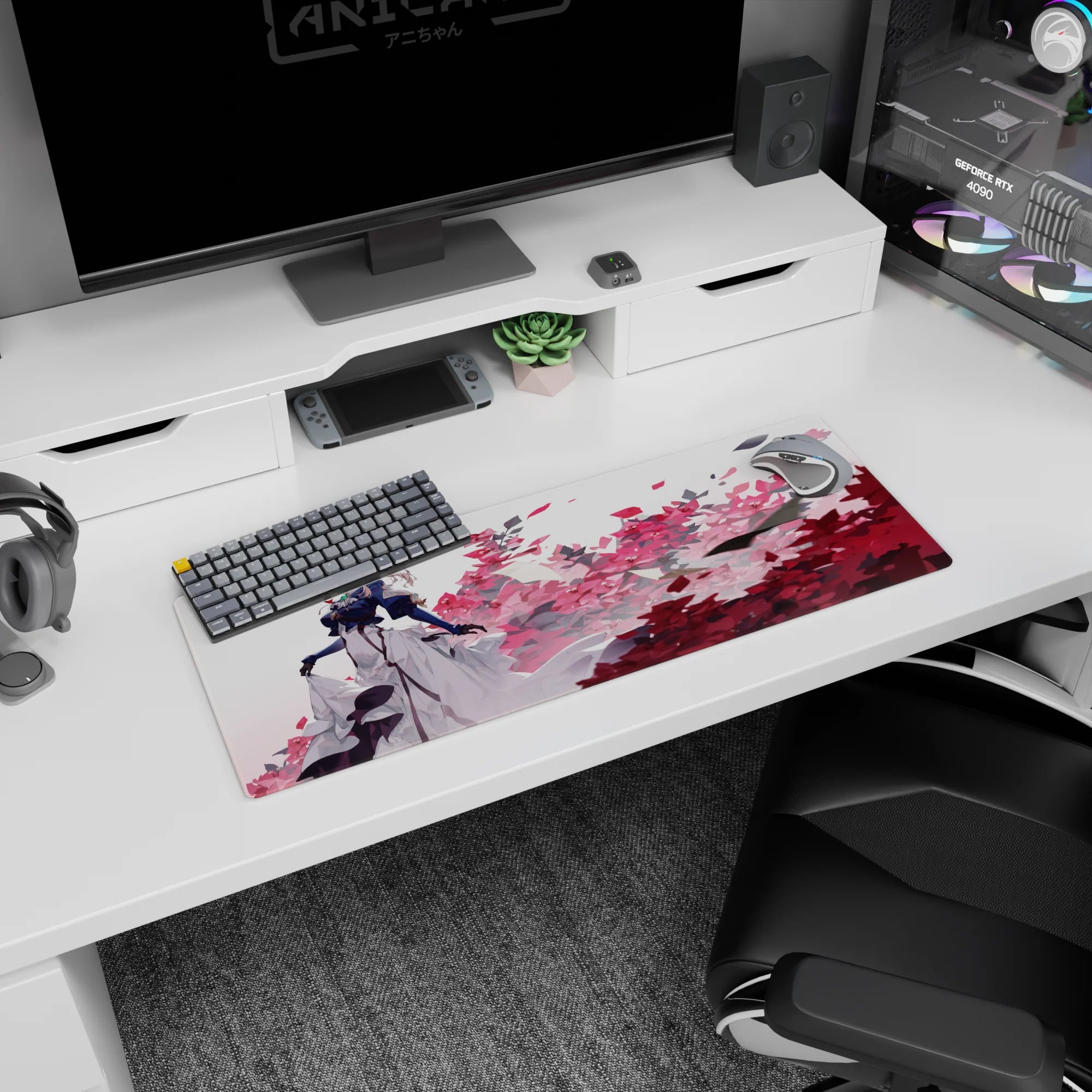 Anime girl mouse pad 32x12 inches showing gloved blonde posing before pink blossoms and drifting paper.