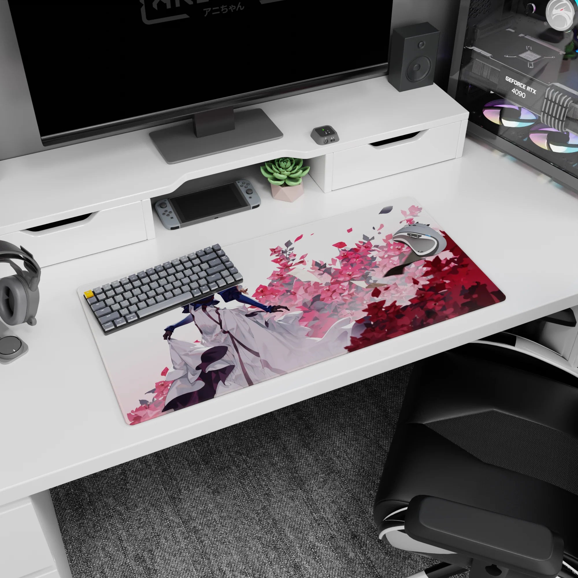 32x16 inches anime girl mouse pad showing a gloved blonde beauty amid pink blossoms and drifting paper.