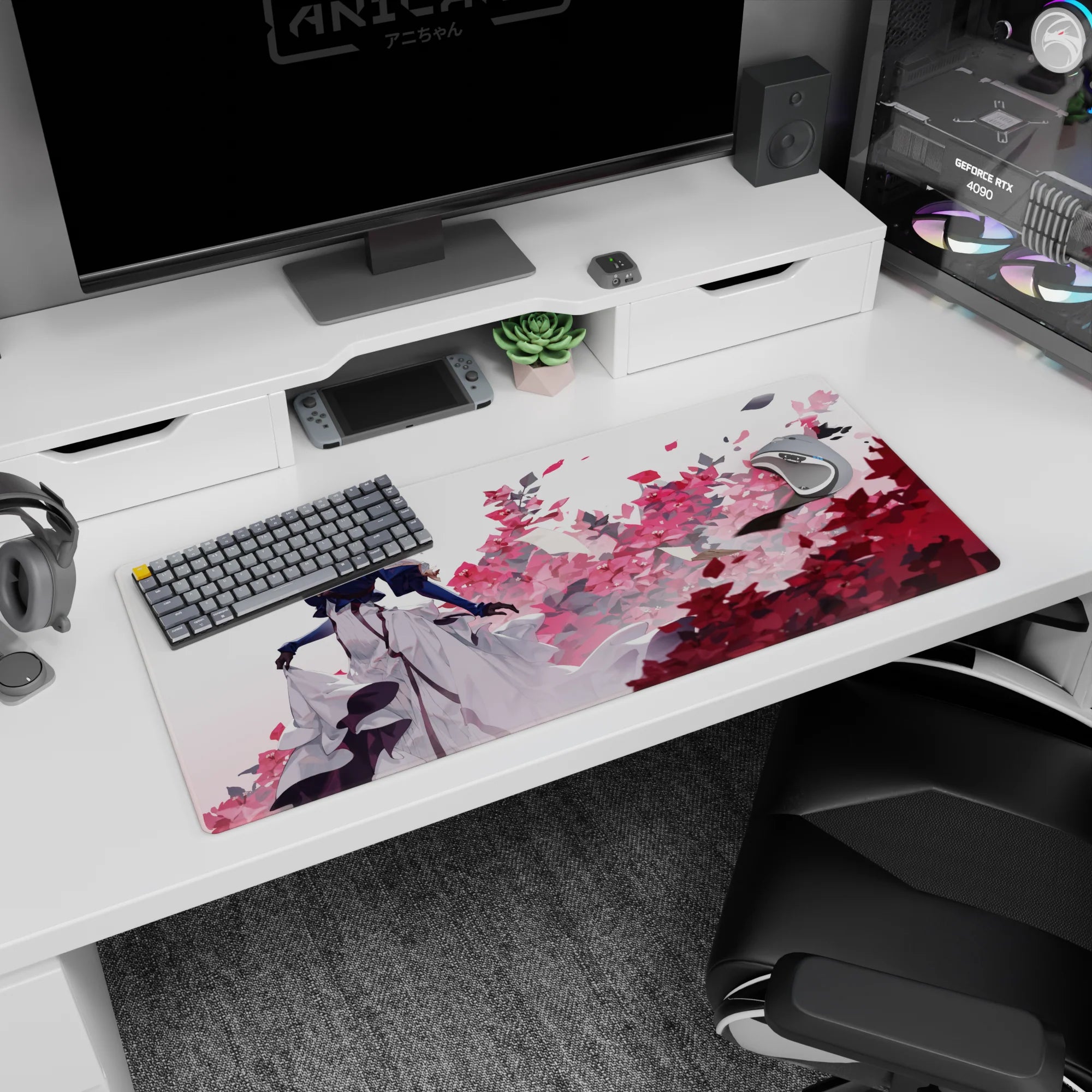 Blonde anime woman in gloves before exploding pink flowers, dramatic scene desk pad 36x16 inches.