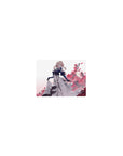 Classic anime girl mouse pad 14x10 inches with blonde in navy coat, white dress, and floral backdrop.
