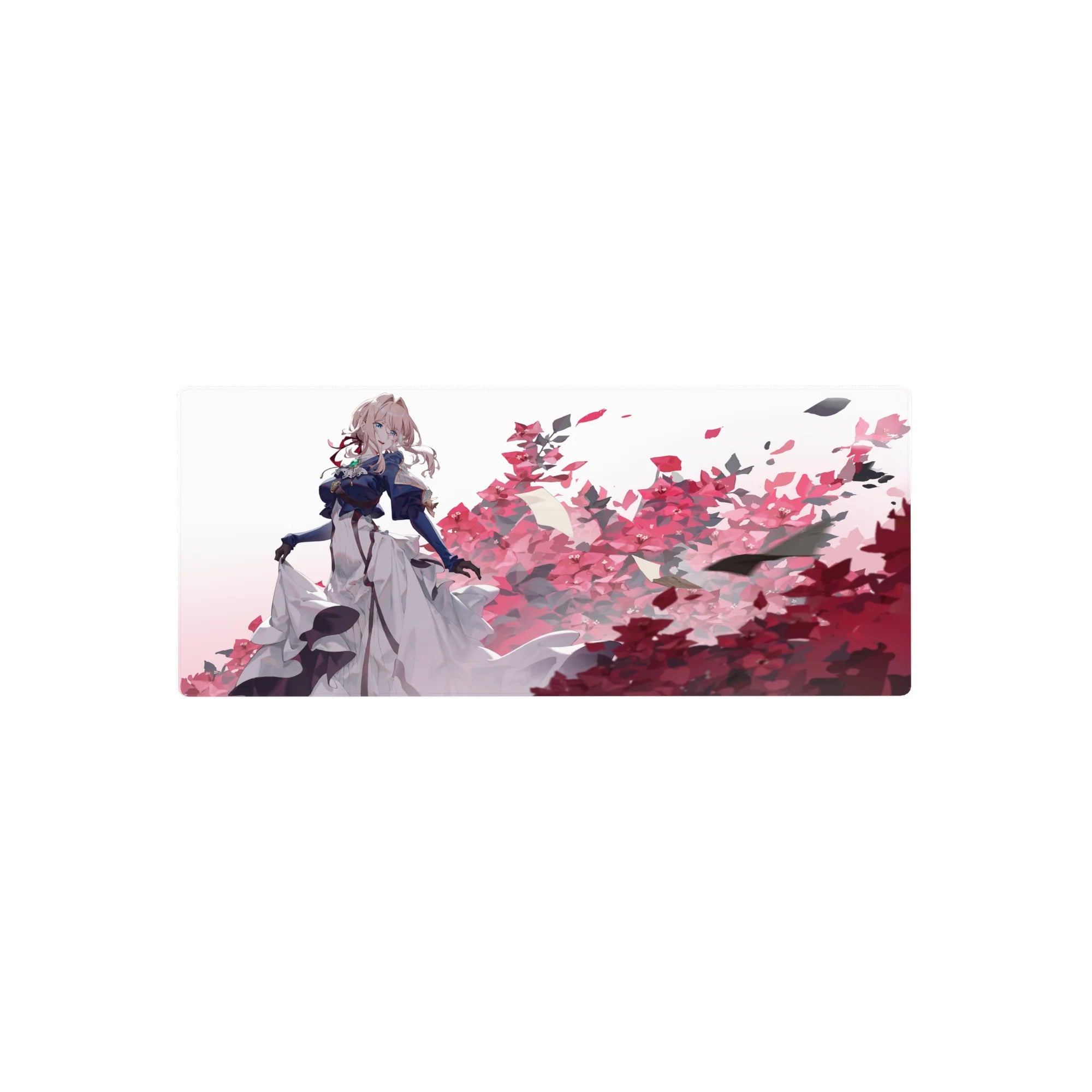 28x12 inches anime girl mouse pad with blonde in navy coat, white dress, and blooming petals backdrop.
