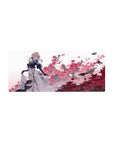 28x12 inches anime girl mouse pad with blonde in navy coat, white dress, and blooming petals backdrop.