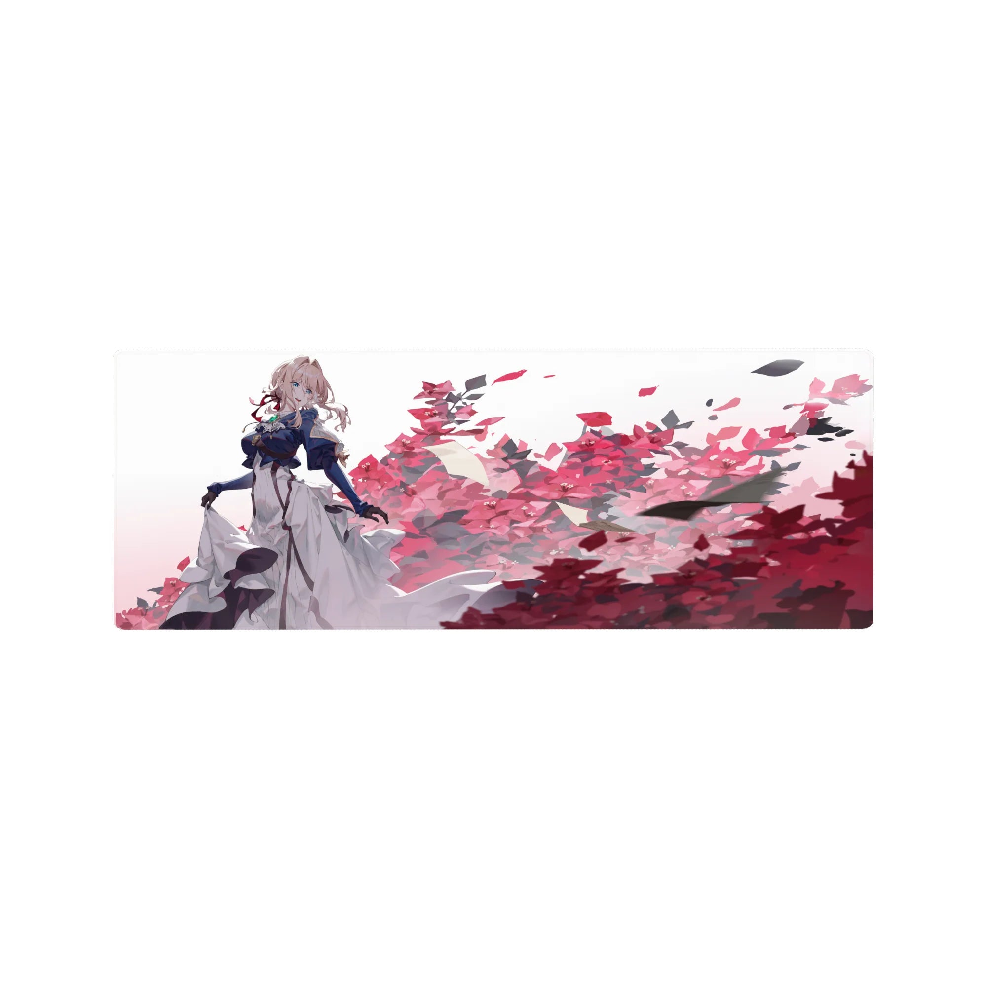 Anime girl mouse pad 32x12 inches with blonde in navy coat, white dress, and blossom backdrop.