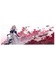Anime girl mouse pad 32x12 inches with blonde in navy coat, white dress, and blossom backdrop.