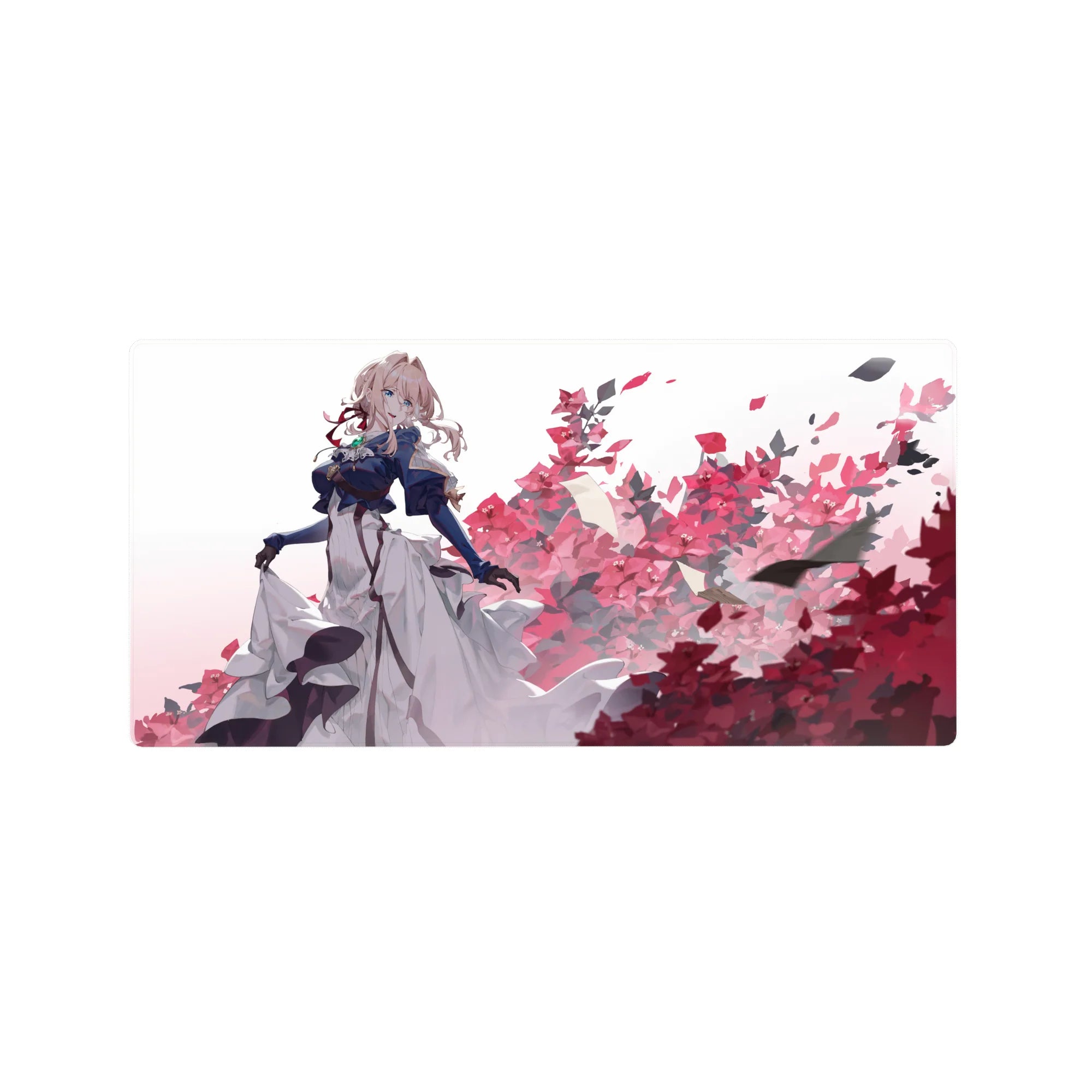 32x16 inches anime girl mouse pad with blonde in navy coat and white dress, floral burst backdrop.