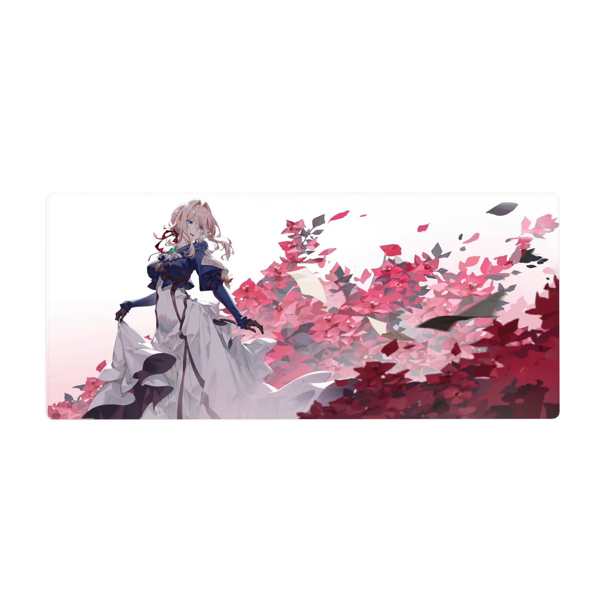 Anime girl desk pad 36x16 inches with blonde in navy coat, white dress, and pink blossom backdrop.