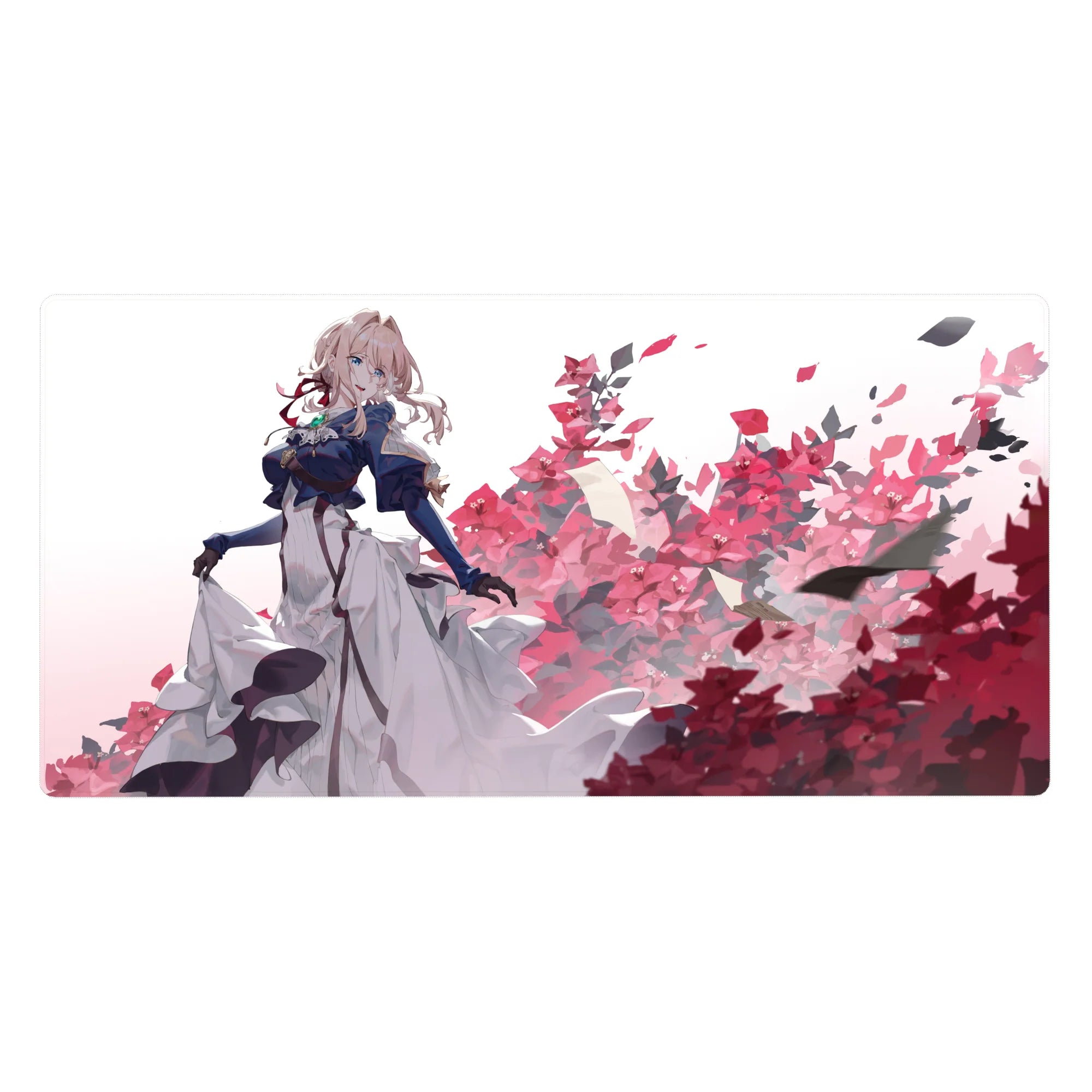 Anime girl desk pad 40x20 inches with blonde in navy coat, white dress, and blooming pink blossoms.