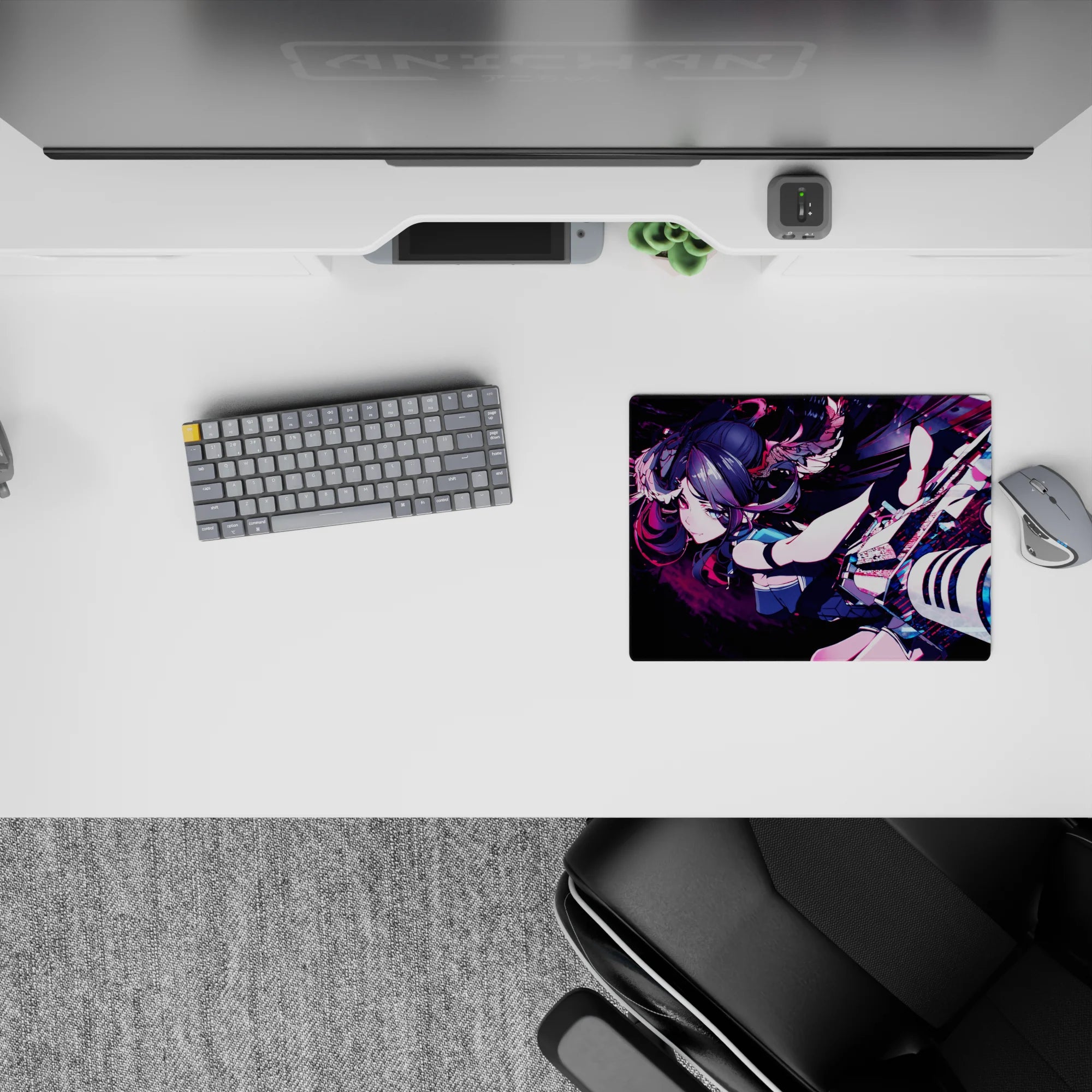 14x10 inches classic anime girl mouse pad in teal, magenta, and violet neon chaos with sharp lines and dark vibe.
