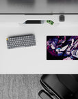 14x10 inches classic anime girl mouse pad in teal, magenta, and violet neon chaos with sharp lines and dark vibe.
