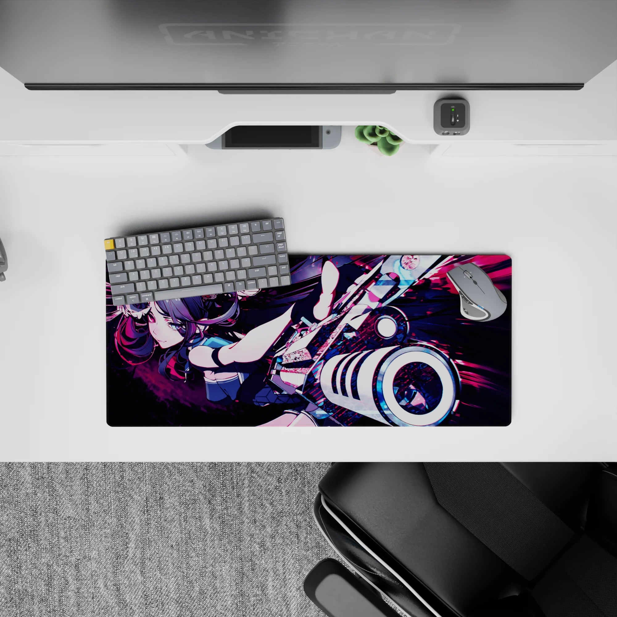 28x12 inches anime girl mouse pad in teal, magenta, and violet neon chaos with sharp lines and moody glow.