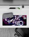 28x12 inches anime girl mouse pad in teal, magenta, and violet neon chaos with sharp lines and moody glow.