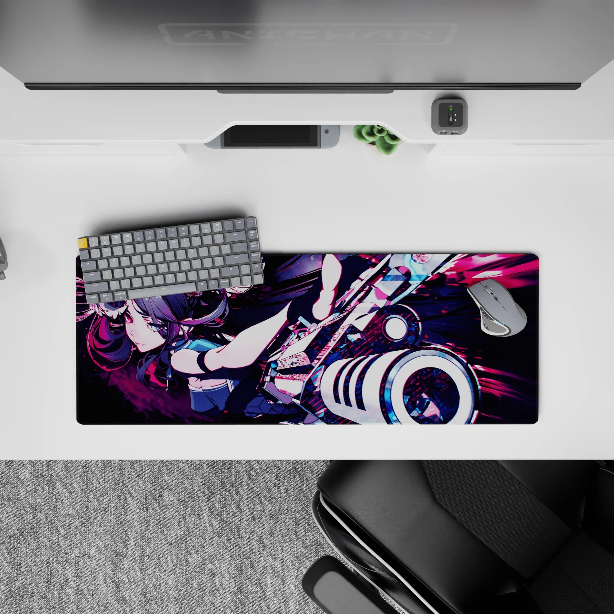 32x12 inches desk mouse pad in neon magenta-violet chaos with sharp lines, glossy whites, moody cute vibe.