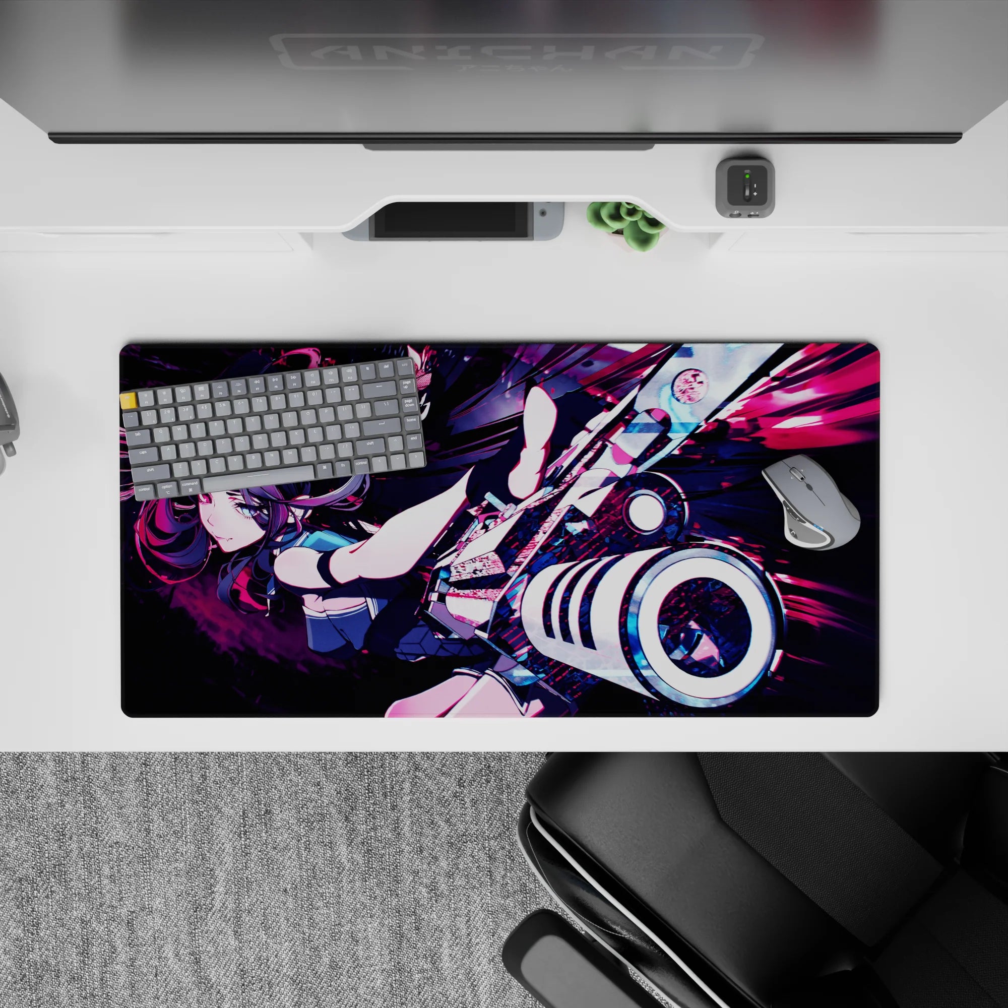 32x16 inches anime girl mouse pad in black-teal with magenta and violet streaks, bright moody cyber vibe.