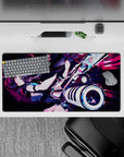 32x16 inches anime girl mouse pad in black-teal with magenta and violet streaks, bright moody cyber vibe.