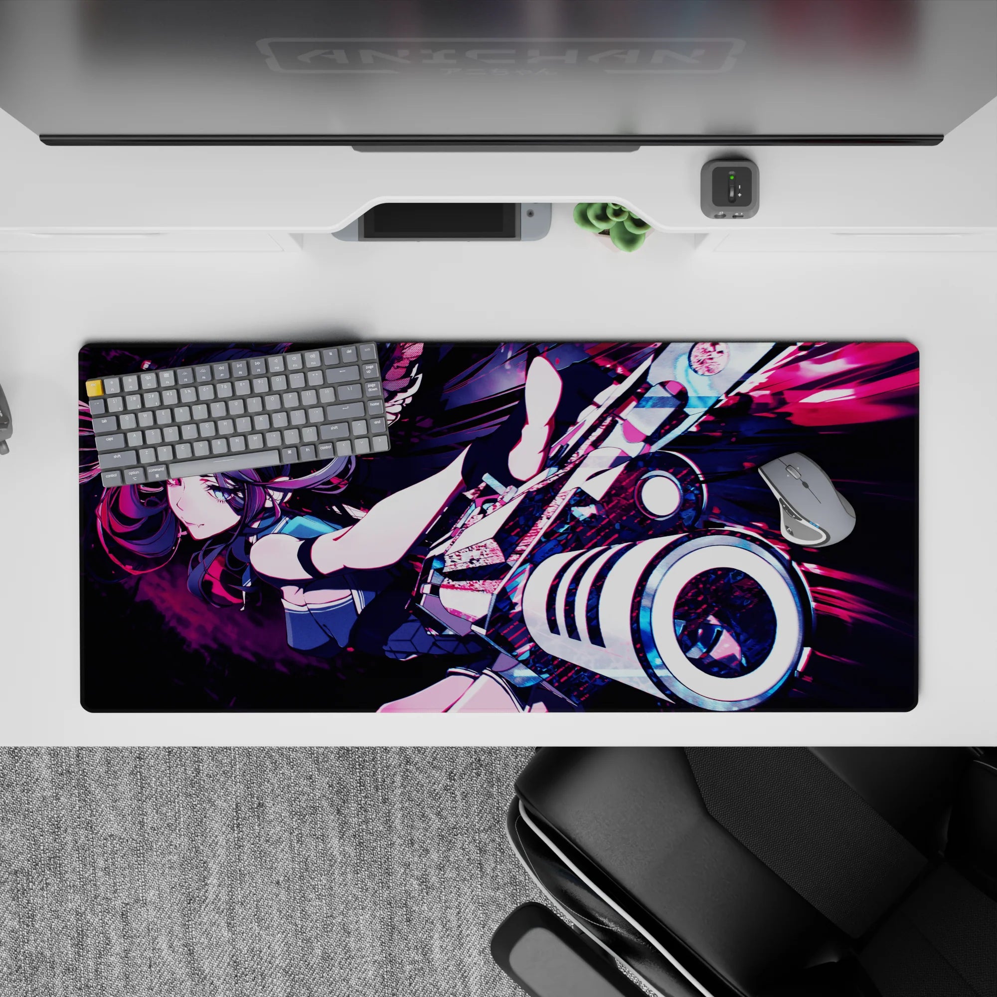 36x16 inches anime desk pad in magenta, violet, teal and black, neon chaos mood with sharp speed-streaks.