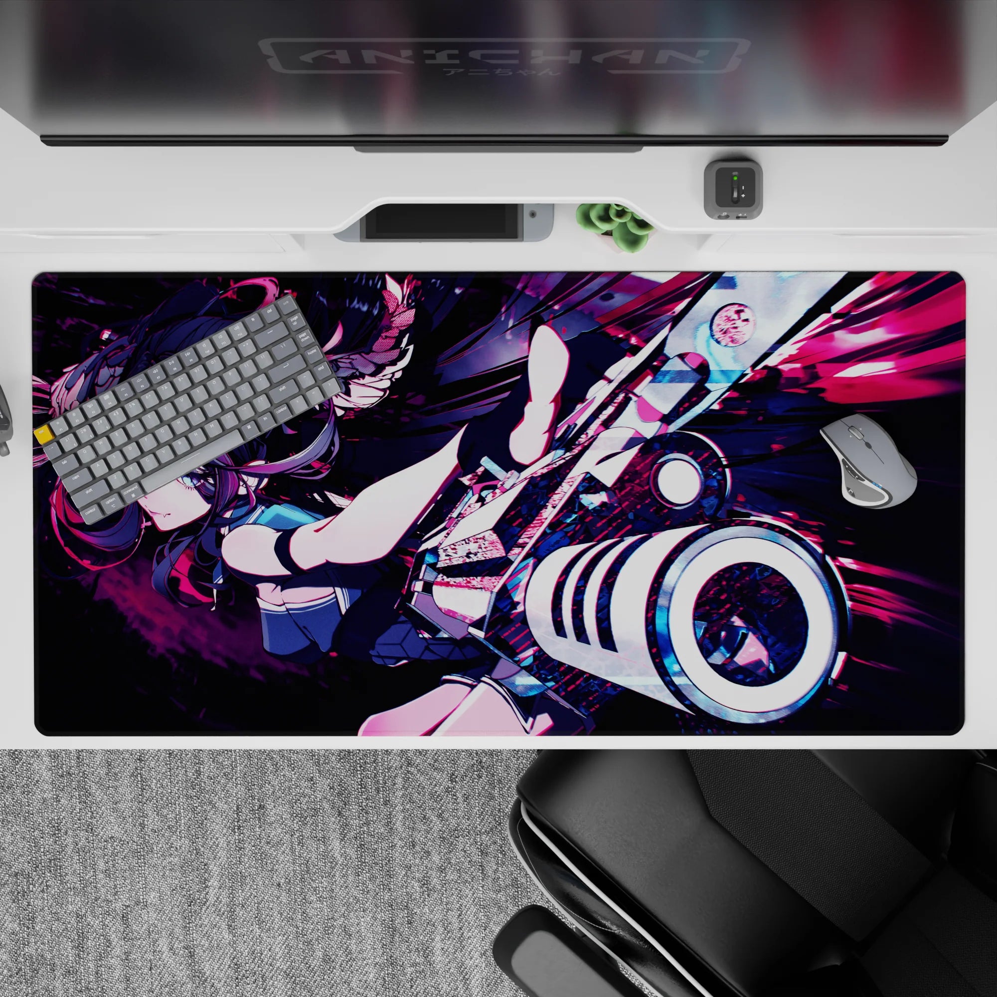 40x20 inches anime desk pad in magenta, violet, and teal with moody neon chaos and sharp speed-paint streaks.