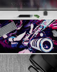 40x20 inches anime desk pad in magenta, violet, and teal with moody neon chaos and sharp speed-paint streaks.