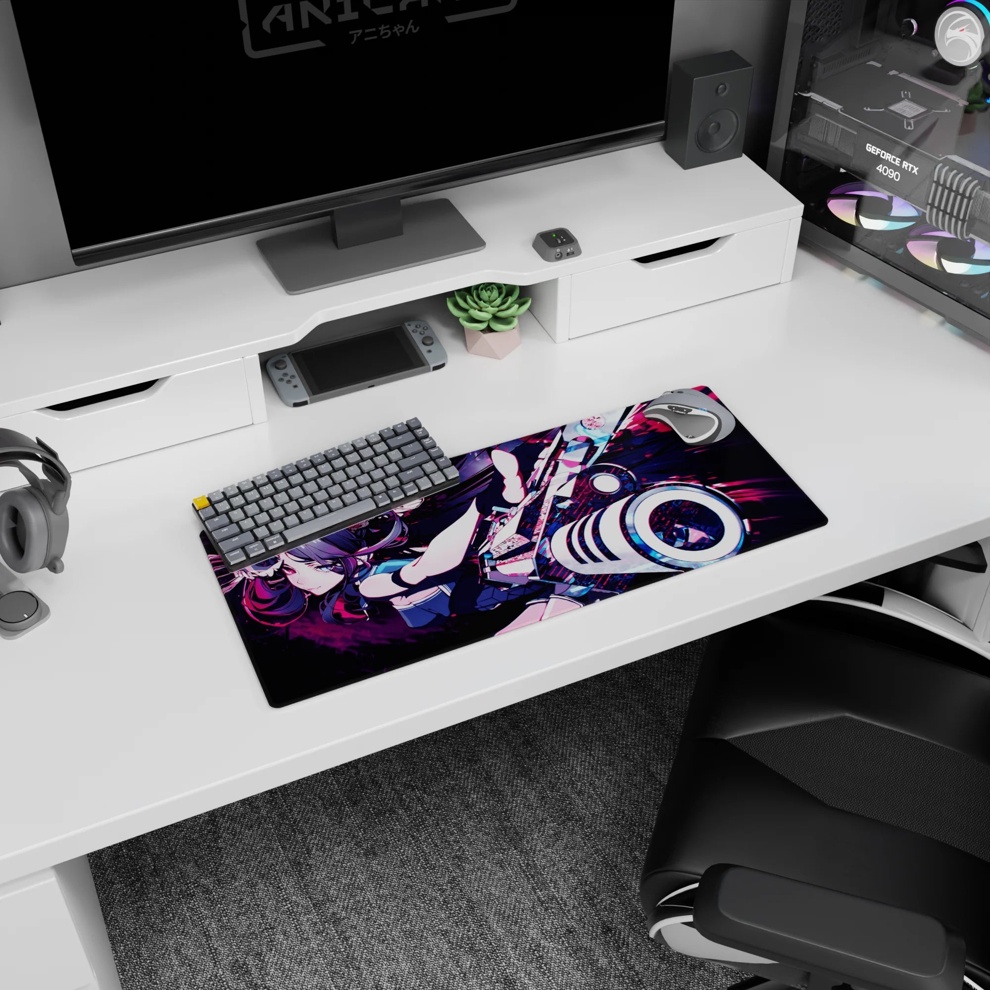 28x12 inches anime girl mouse pad showing a black-and-teal twin-tailed girl mid-lunge firing a glossy cannon.