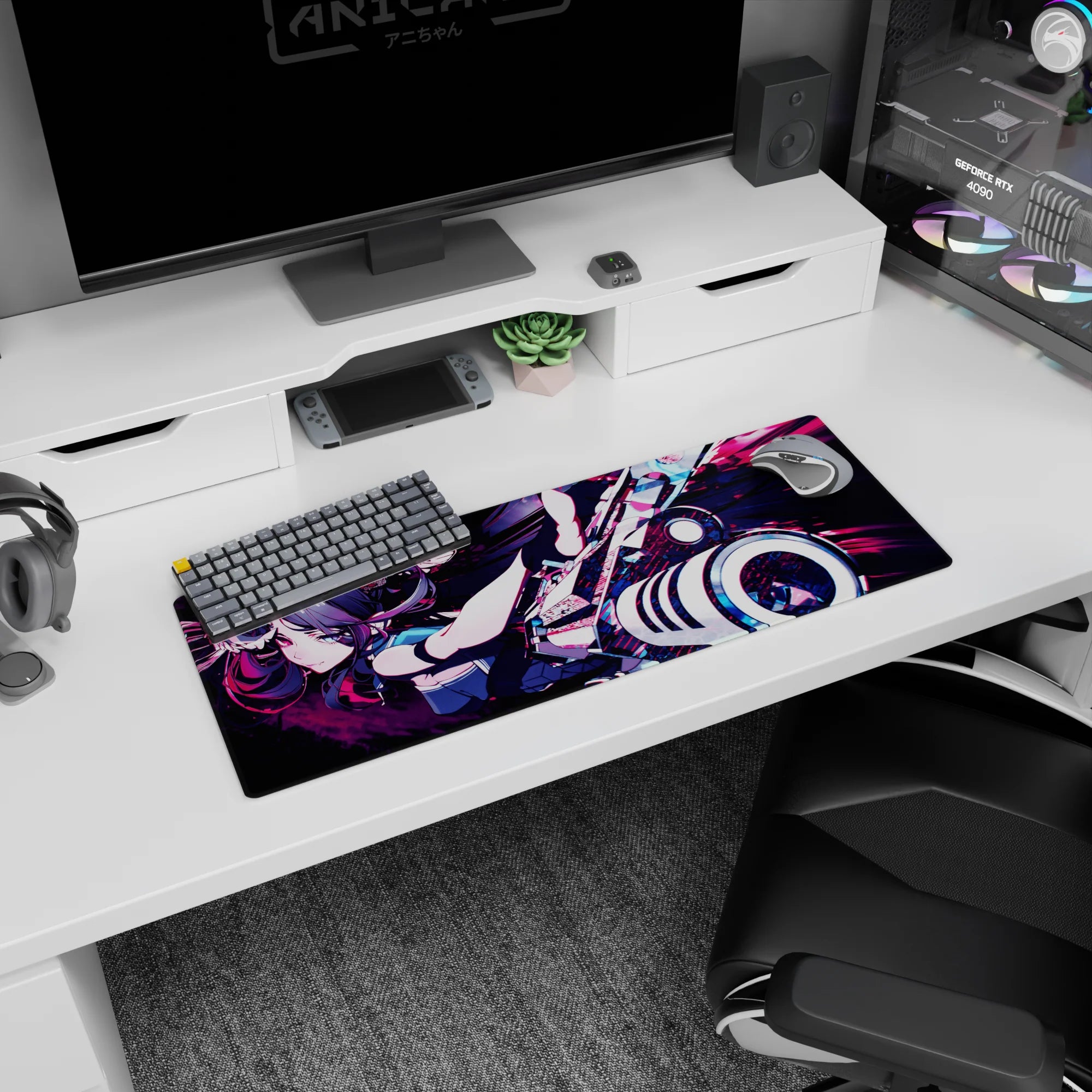 32x12 inches anime mouse pad featuring a fearless twin-tailed girl lunging forward, cannon blasting, speed-paint streaks.