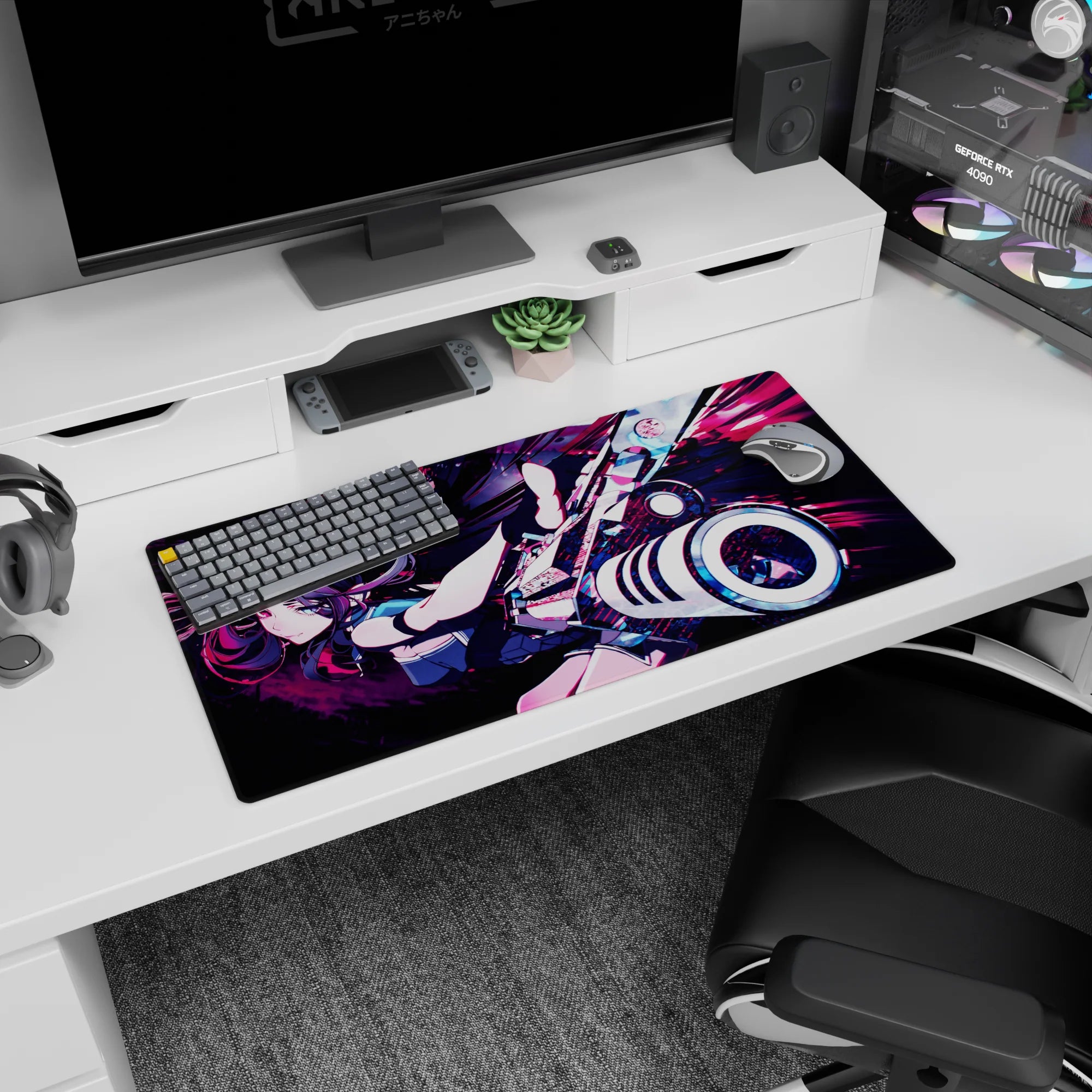 32x16 inches anime girl mouse pad featuring a fierce twin-tailed girl lunging with a glossy white cannon.