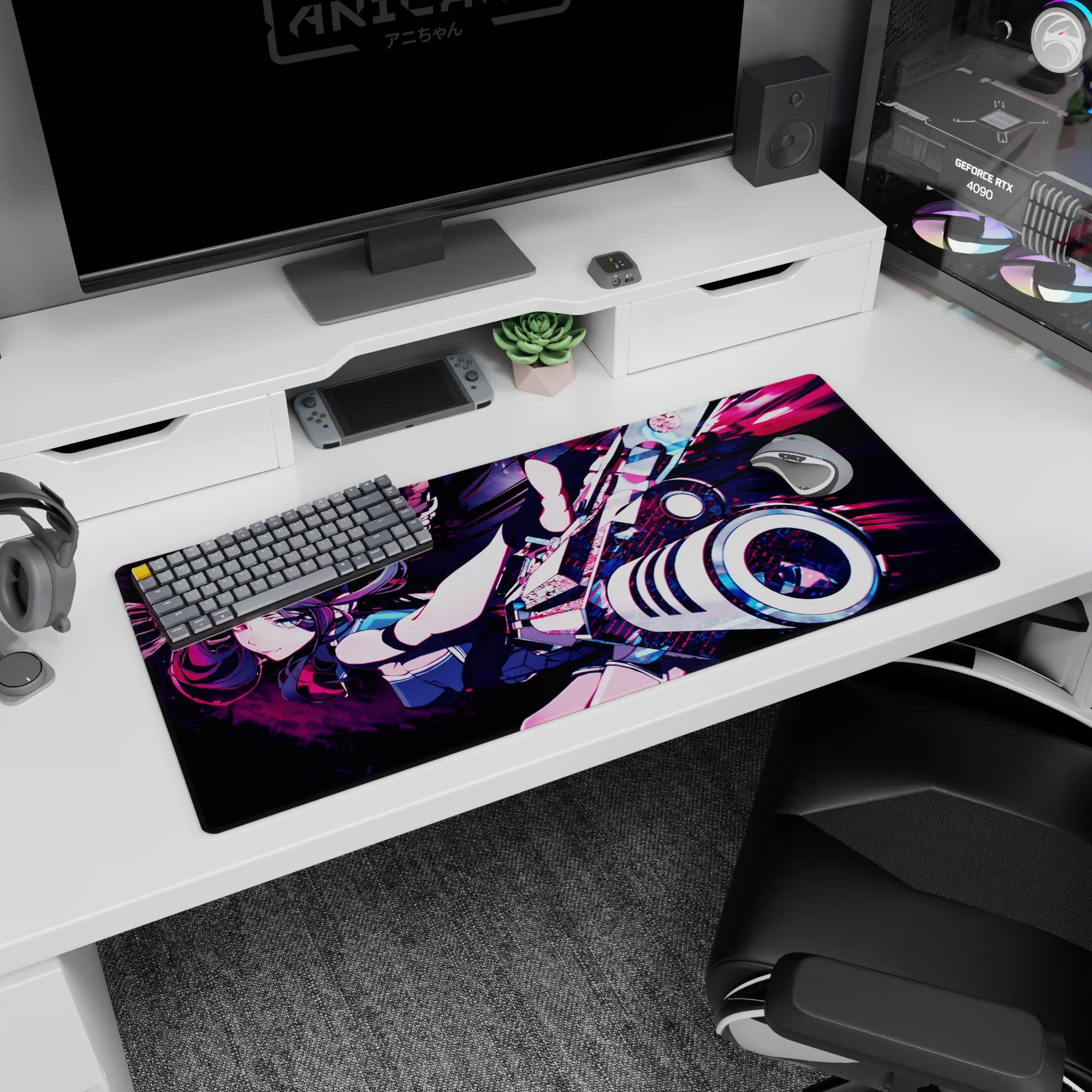 36x16 inches anime girl desk pad showing a fearless twin-tailed fighter lunging with a glossy white cannon.