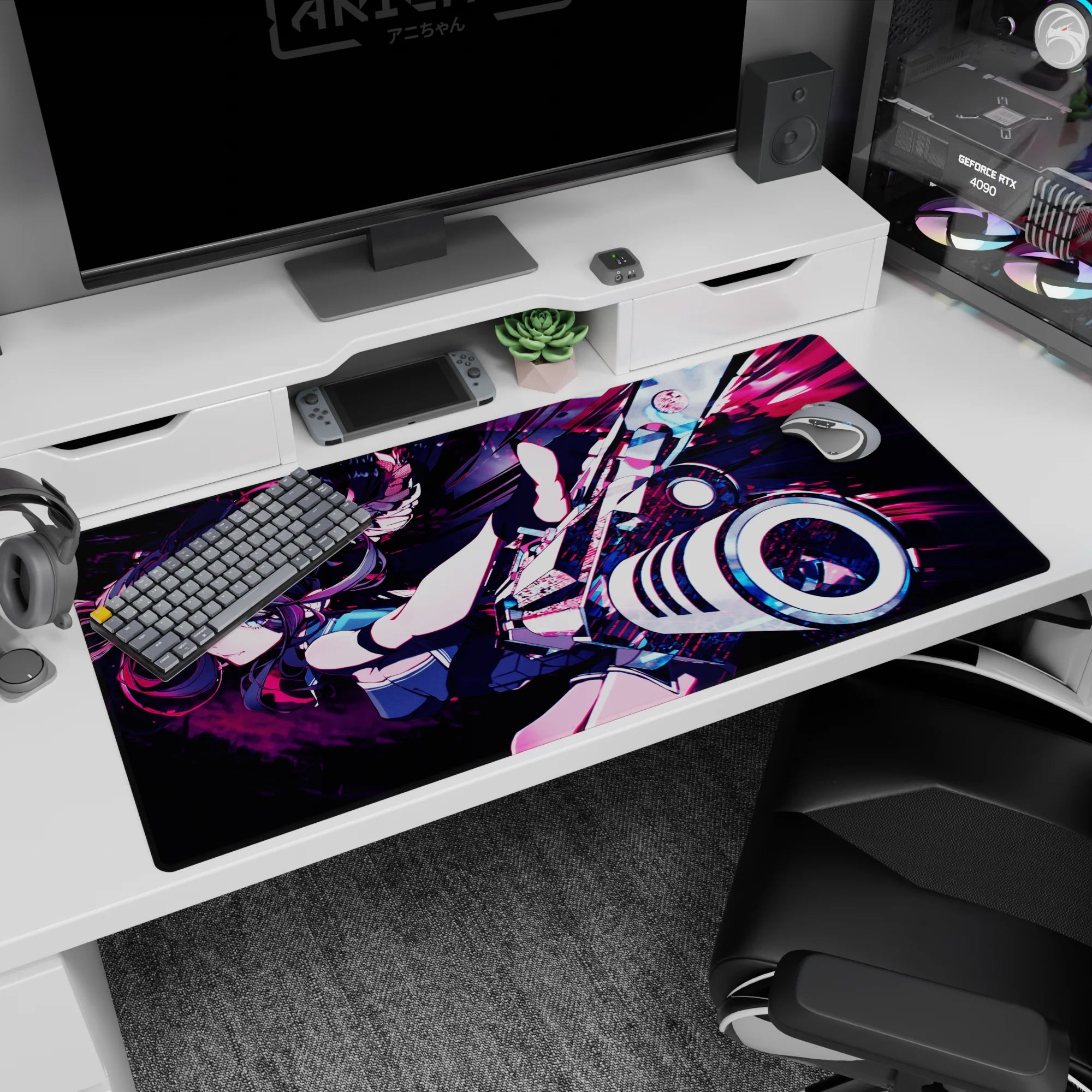 40x20 inches desk pad showing an anime girl mid-lunge, twin tails flying, cannon blasting through neon lines.