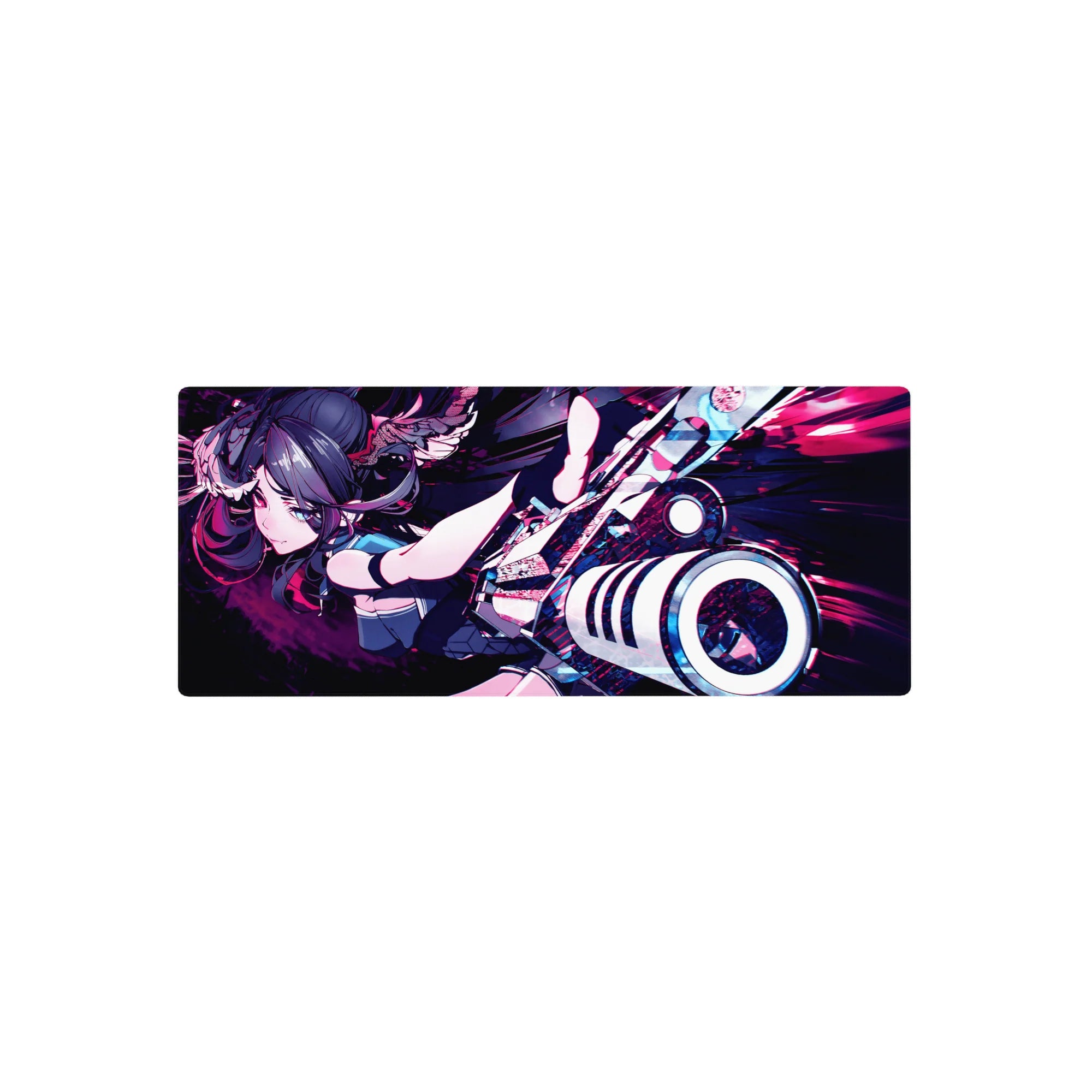 28x12 inches anime girl mouse pad with twin-tail fighter and oversized cannon, neon speed-streak backdrop.