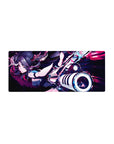 28x12 inches anime girl mouse pad with twin-tail fighter and oversized cannon, neon speed-streak backdrop.