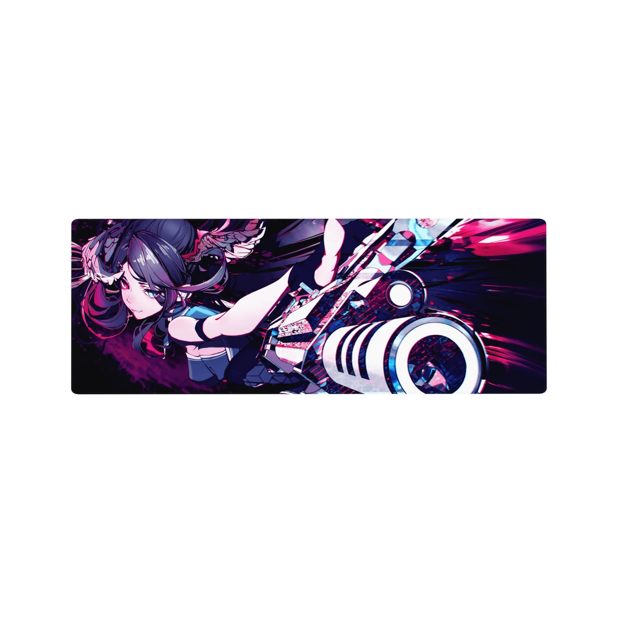 32x12 inches anime girl mouse pad with twin-tail fighter, black-teal outfit, and oversized cannon action.
