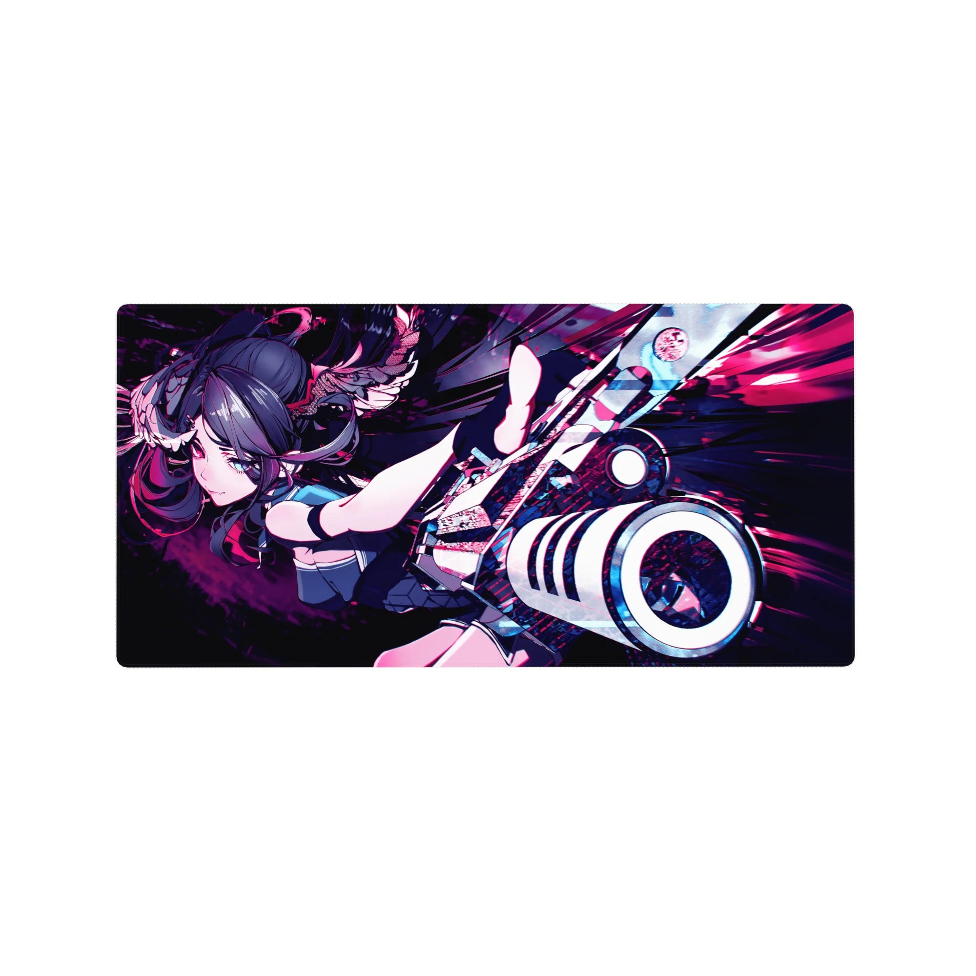 32x16 inches anime girl mouse pad with twin-tail fighter and oversized cannon on neon speed-paint backdrop.