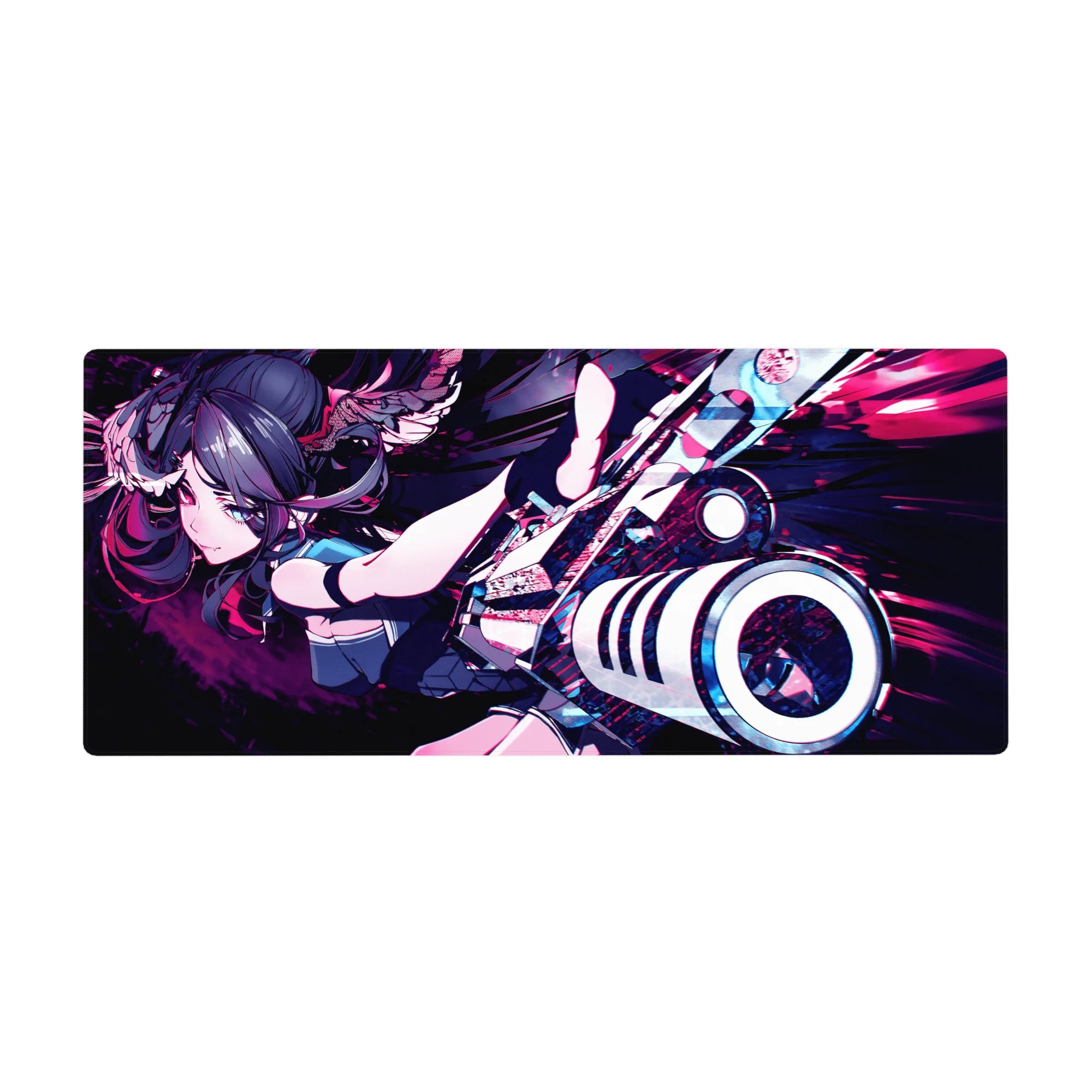 36x16 inches anime girl desk pad with twin tails, teal-black outfit, and oversized cannon on neon backdrop.