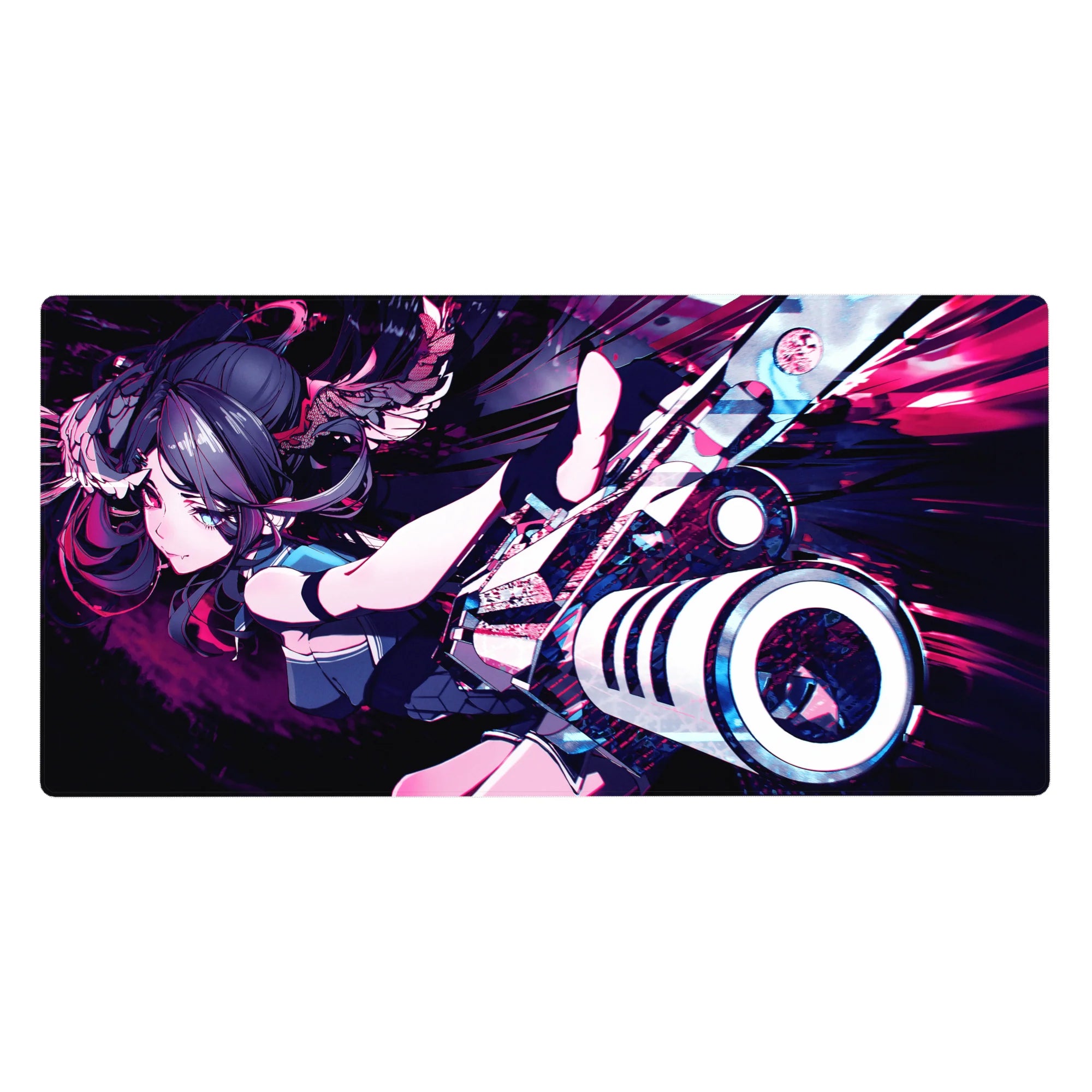 40x20 inches anime girl desk pad with twin tails, teal-black outfit, and oversized cannon in neon action.