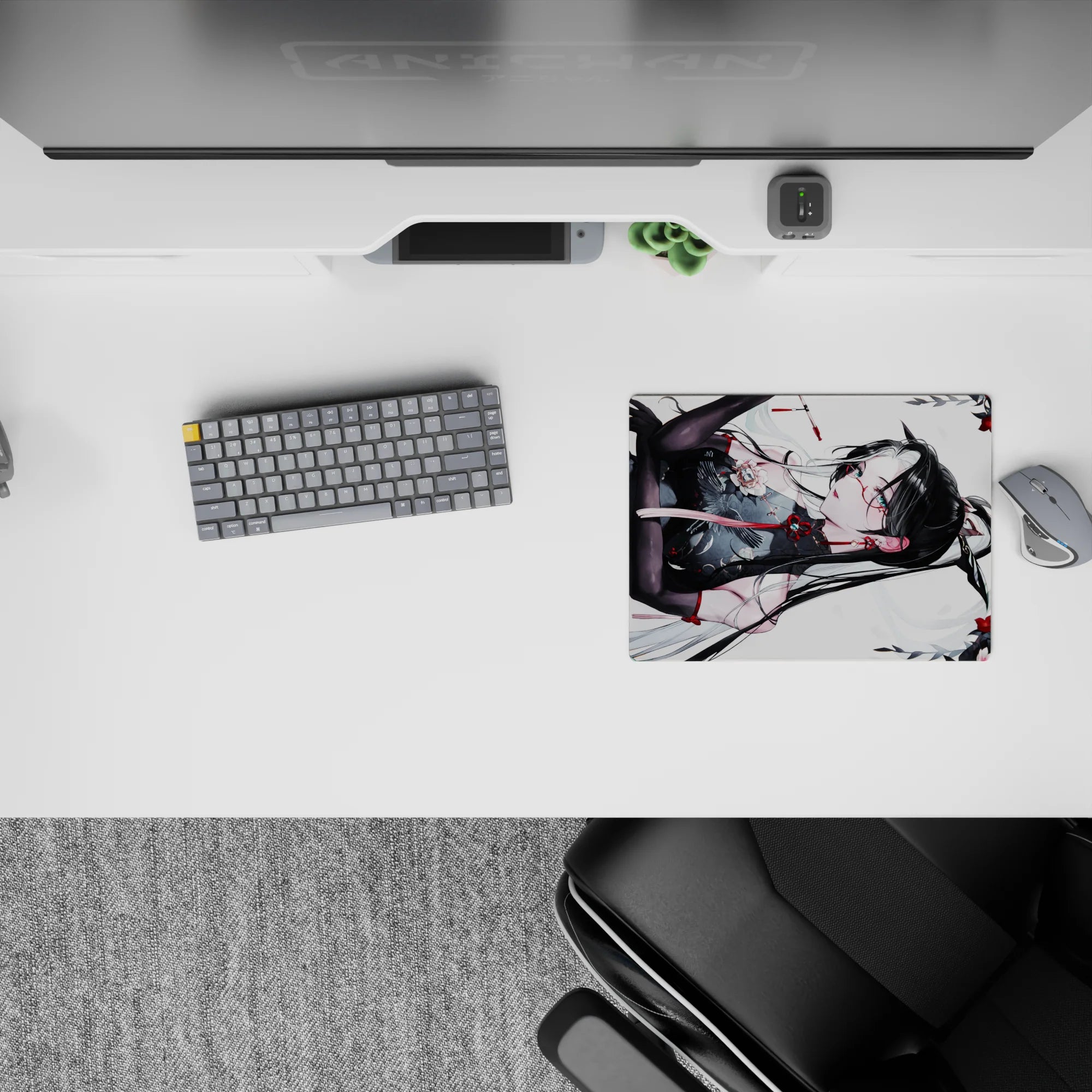 Anime mouse pad 14x10 inches in white, black, and vivid red; soft petals, sleek teasing vibe.
