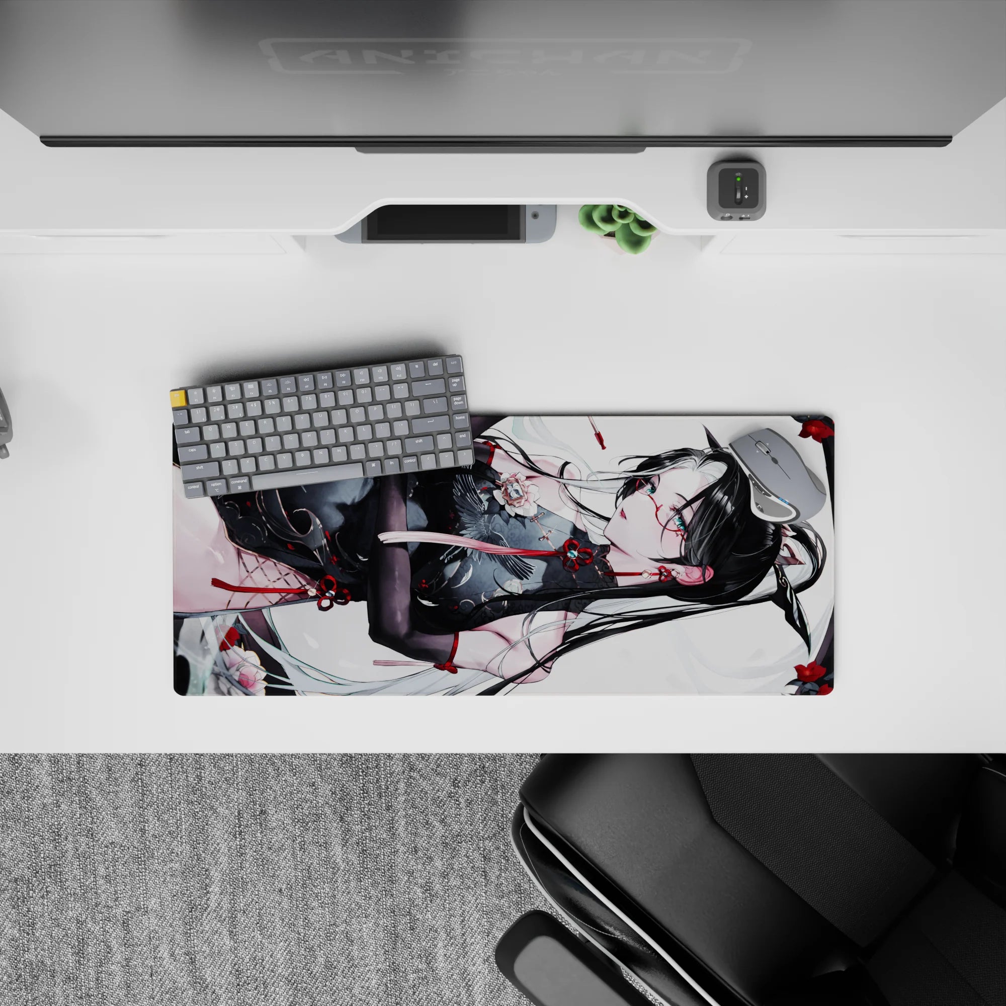 28x12 inches desk mouse pad in white, black, and candy-red accents; soft dramatic anime aesthetic.