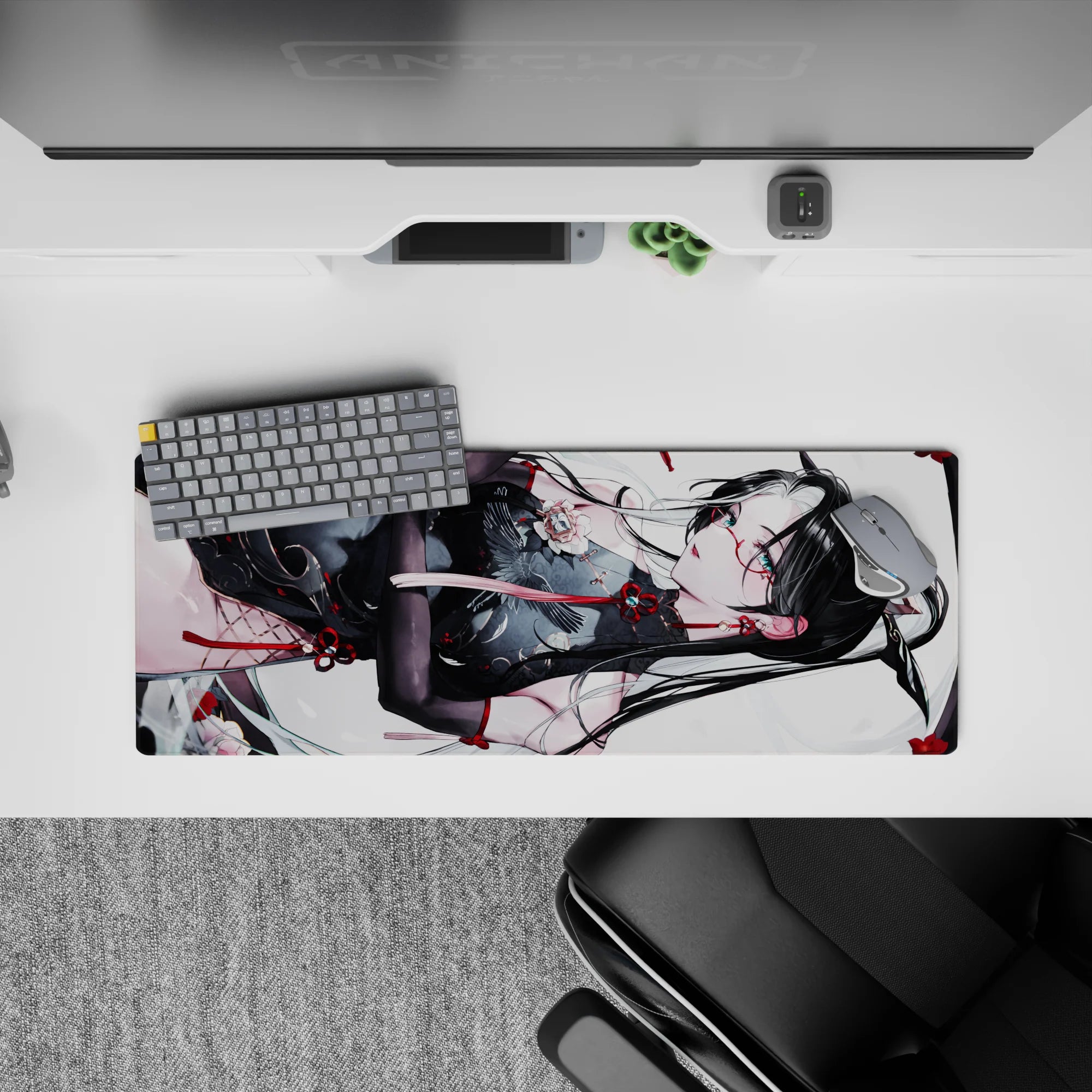 32x12 inches anime desk mouse pad in white with drifting petals, crisp black lines, and candy-red accents.
