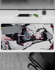 32x16 inches anime girl mouse pad in white, black, and sharp red; cool teasing vibe with drifting pale petals.