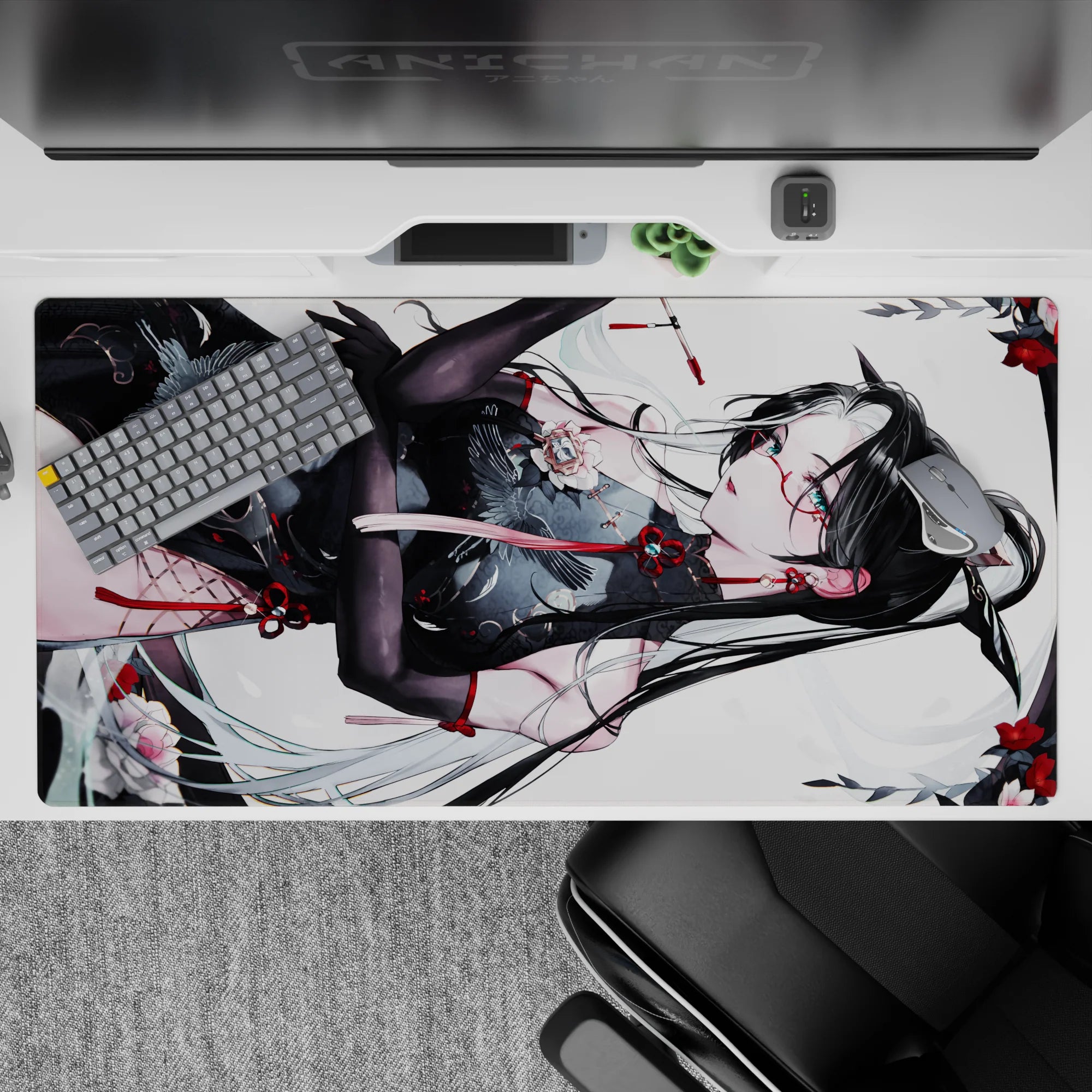 Elegant 40x20 inches anime desk pad in black, white, and candy red with teasing, classy vibe.