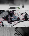 Elegant 40x20 inches anime desk pad in black, white, and candy red with teasing, classy vibe.