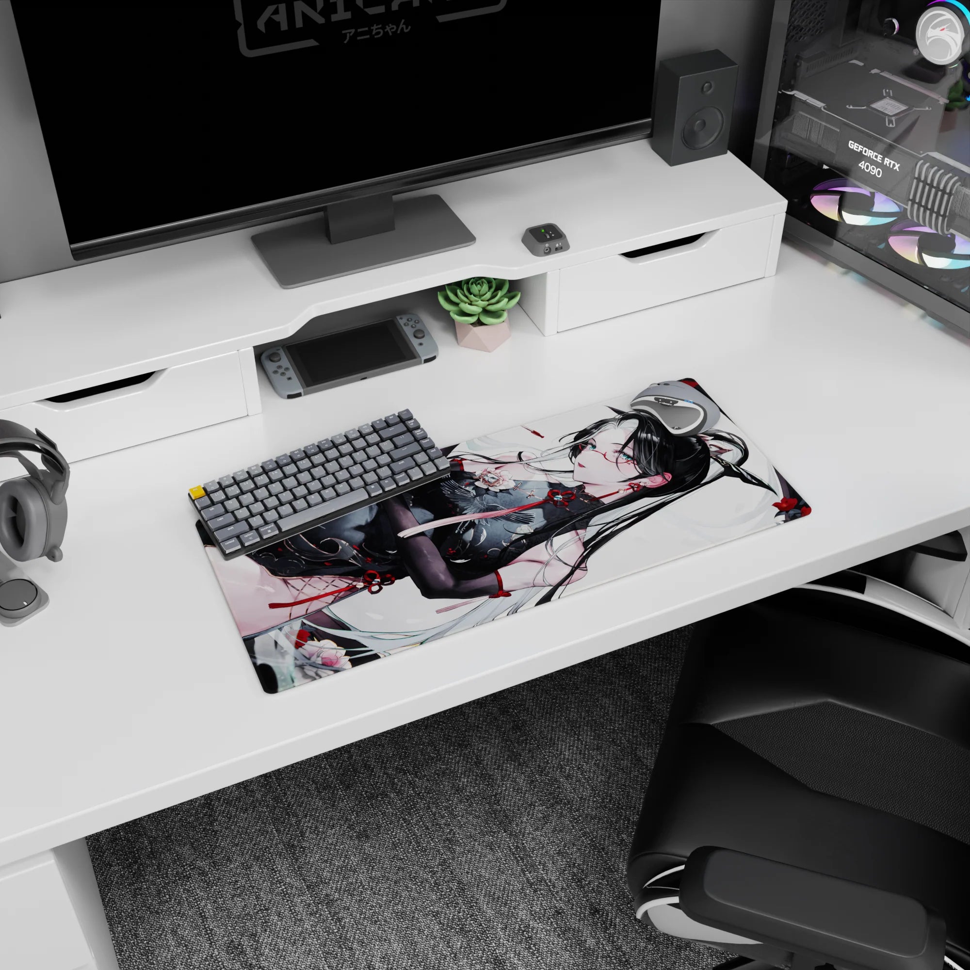 28x12 inches anime mouse pad showing a teasing black-haired girl lounging sideways in gloves and ribbon.