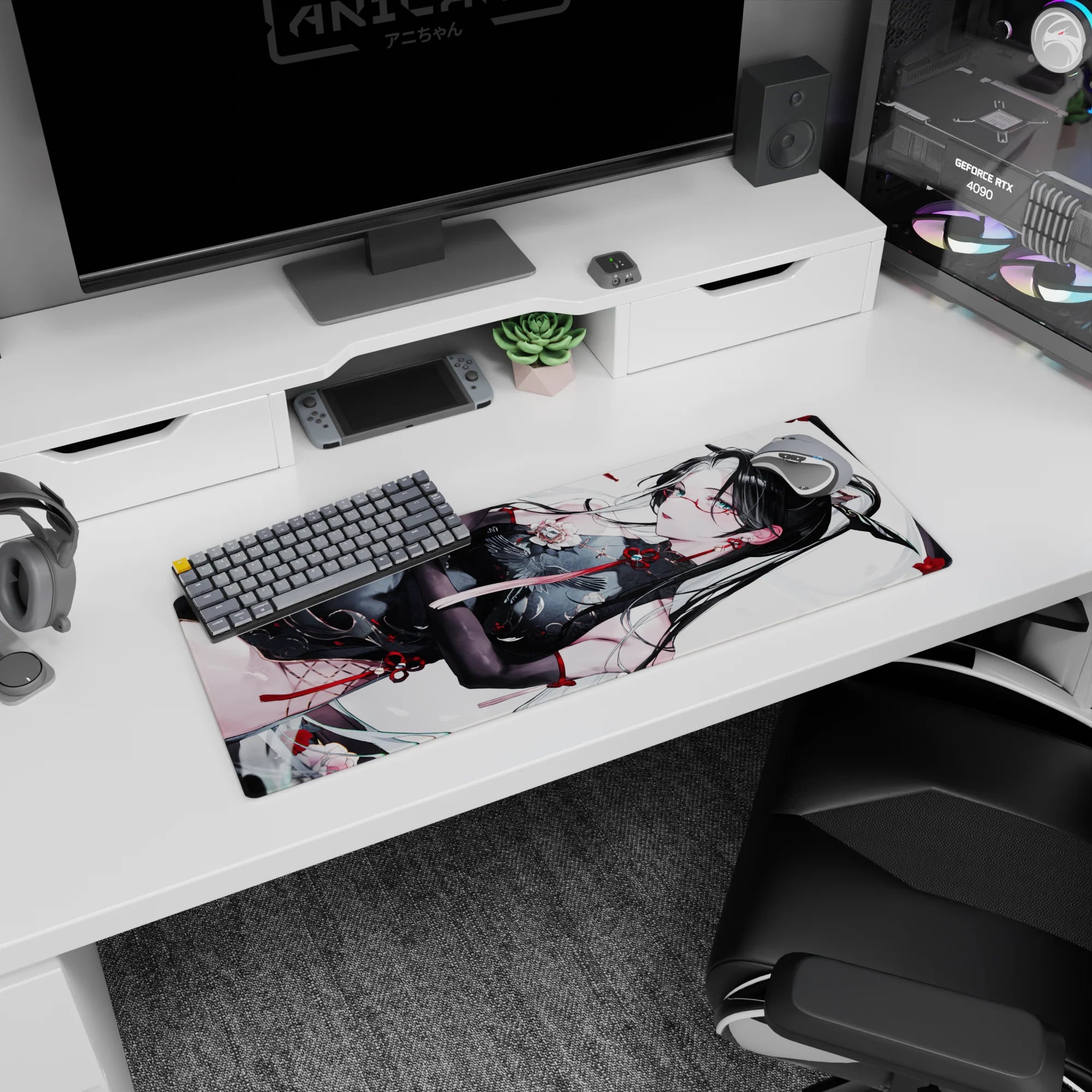 32x12 inches mouse pad showing a teasing black-haired anime girl lounging sideways in qipao and long gloves.