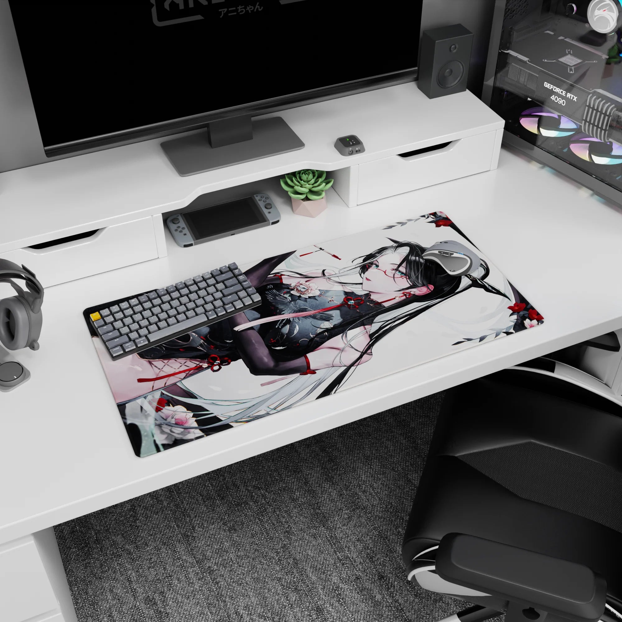 32x16 inches anime girl mouse pad showing a black-haired girl lounging sideways in a sheer black qipao and gloves.